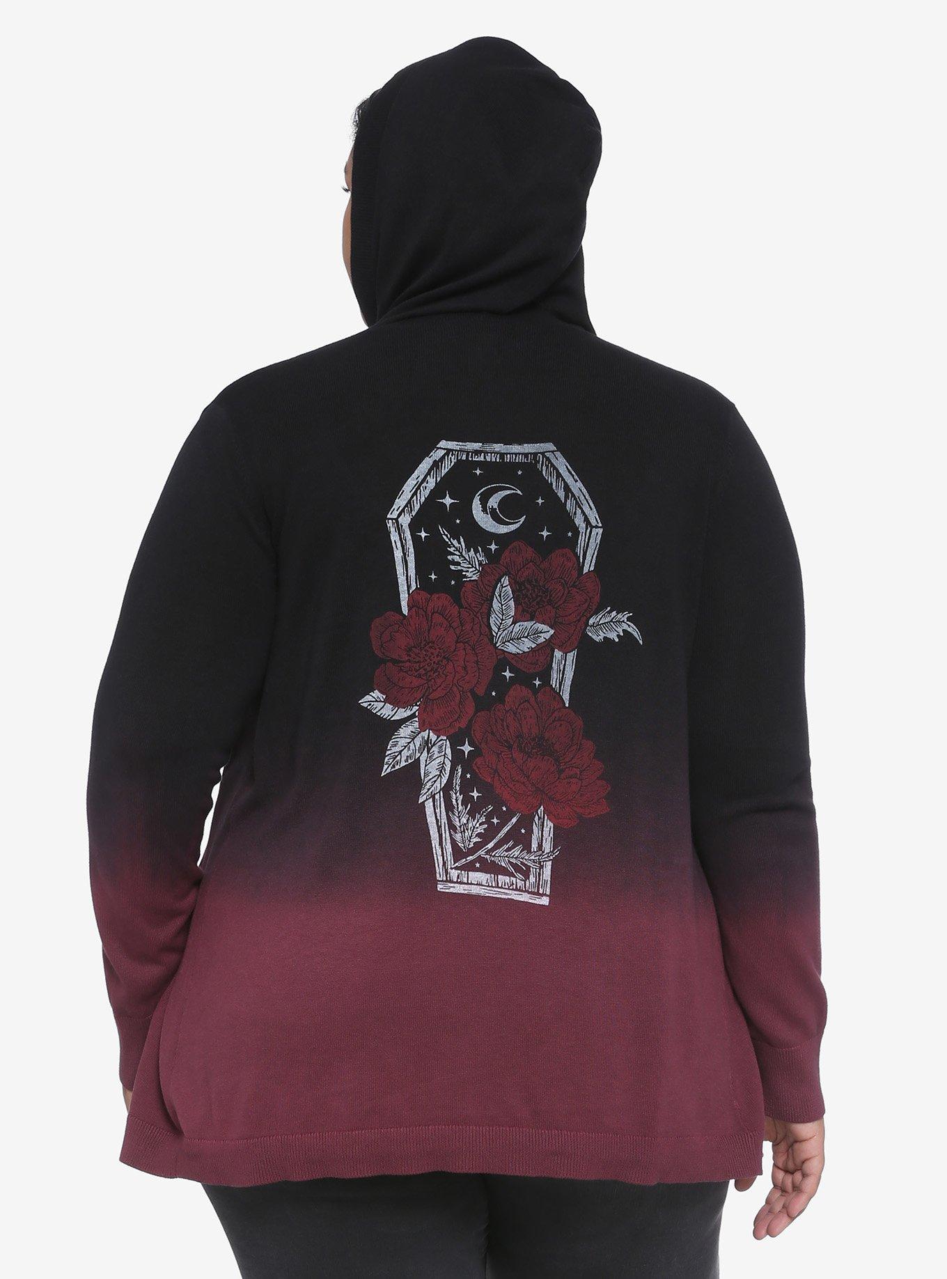 Black & Red Coffin & Roses Girls Hooded Open Cardigan Plus Size, BLACK, hi-res