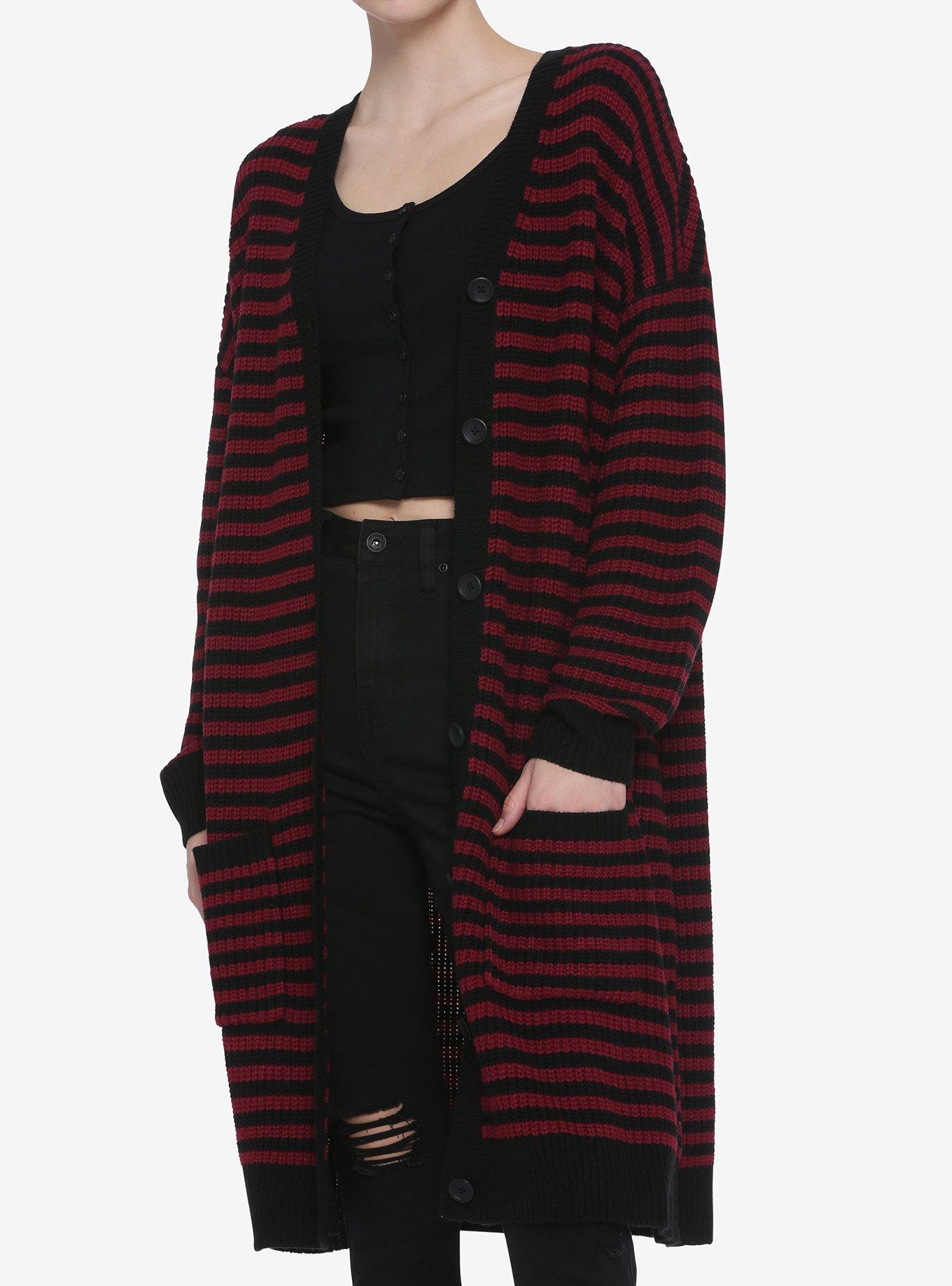 Black & Red Stripe Girls Cardigan, STRIPES - RED, hi-res