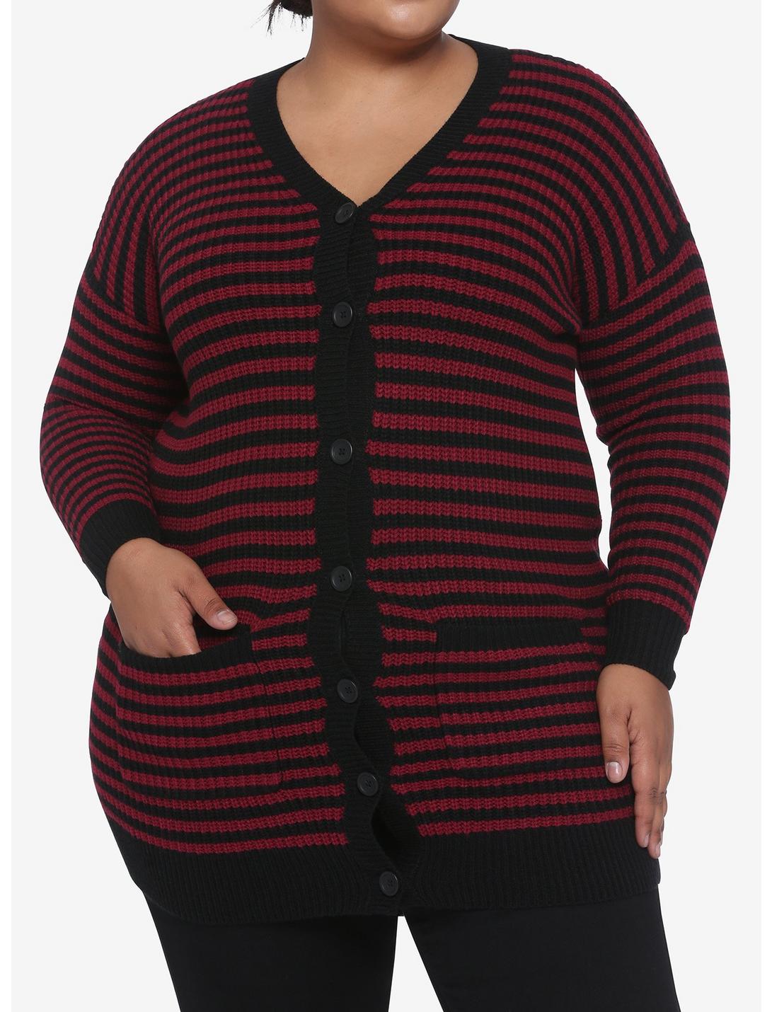 Black & Red Stripe Girls Cardigan Plus Size, STRIPES - RED, hi-res