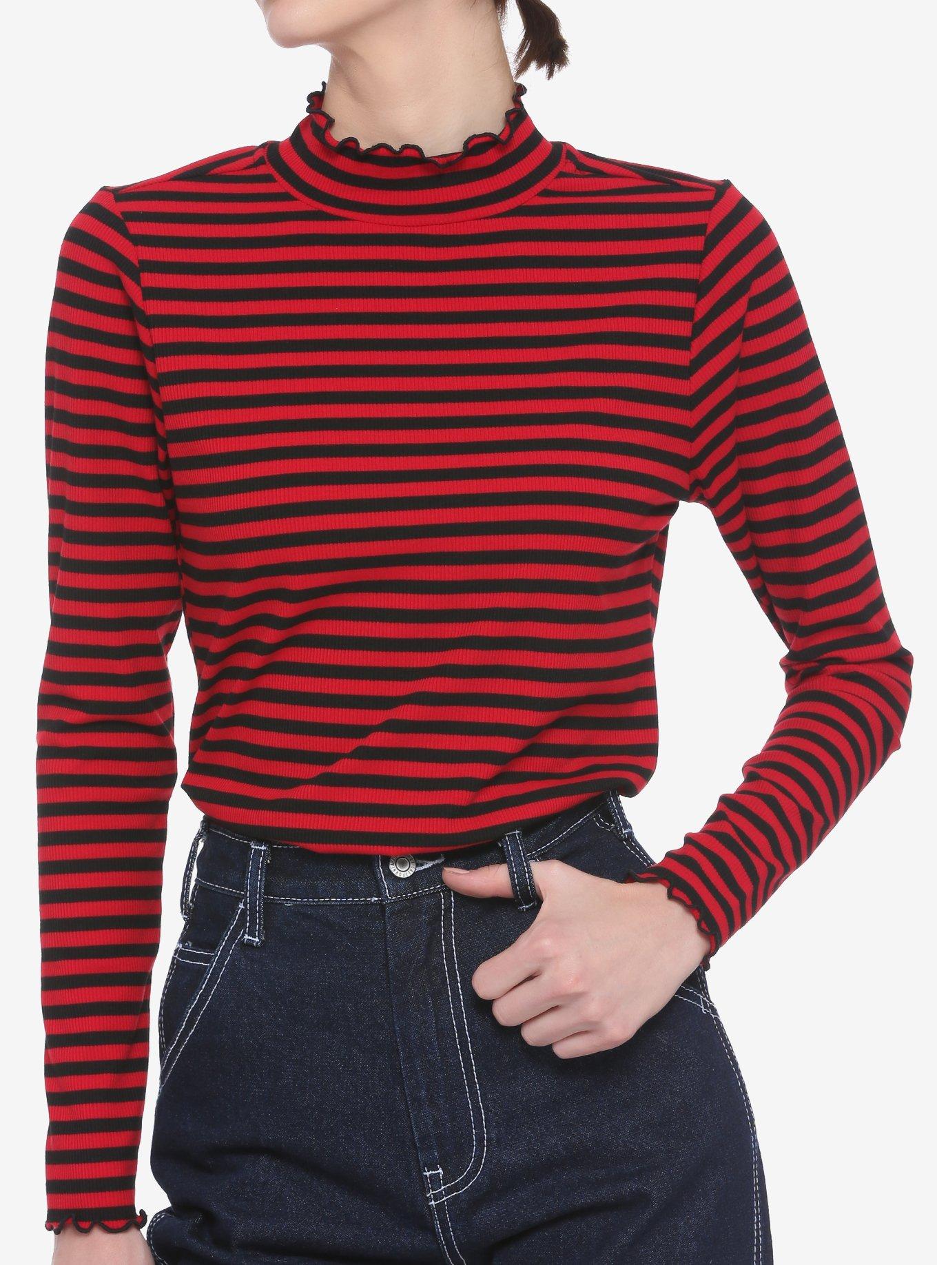 Black & Red Stripe Mock Neck Girls Long-Sleeve Top, STRIPES - RED, hi-res