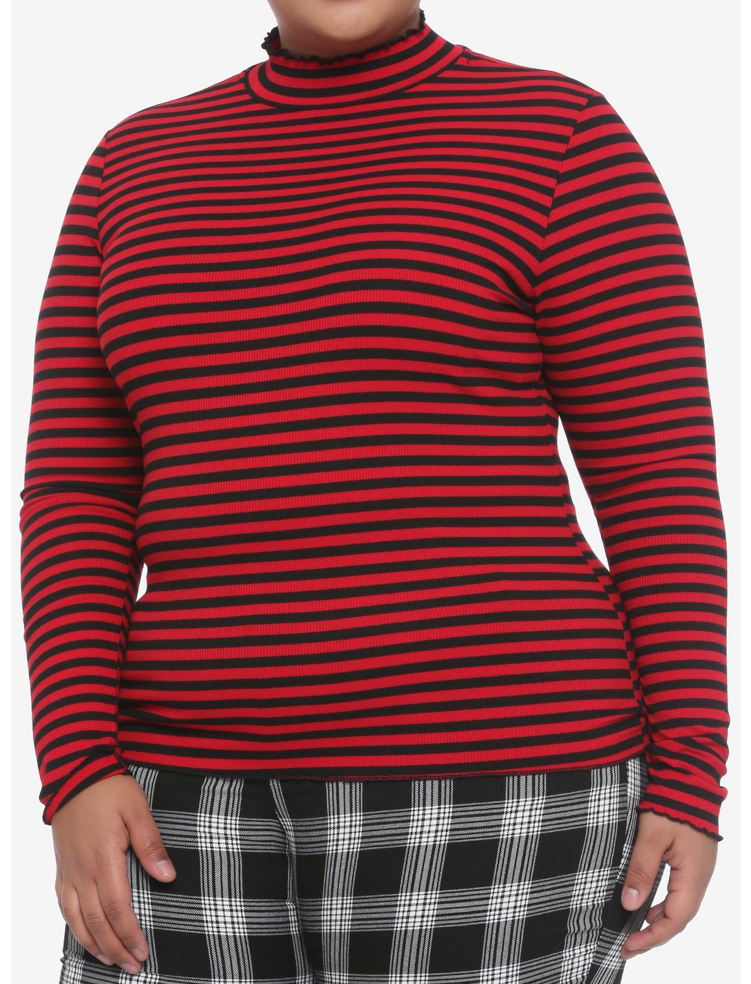 Black & Red Stripe Mock Neck Girls Long-Sleeve Top Plus Size, STRIPES - RED, hi-res