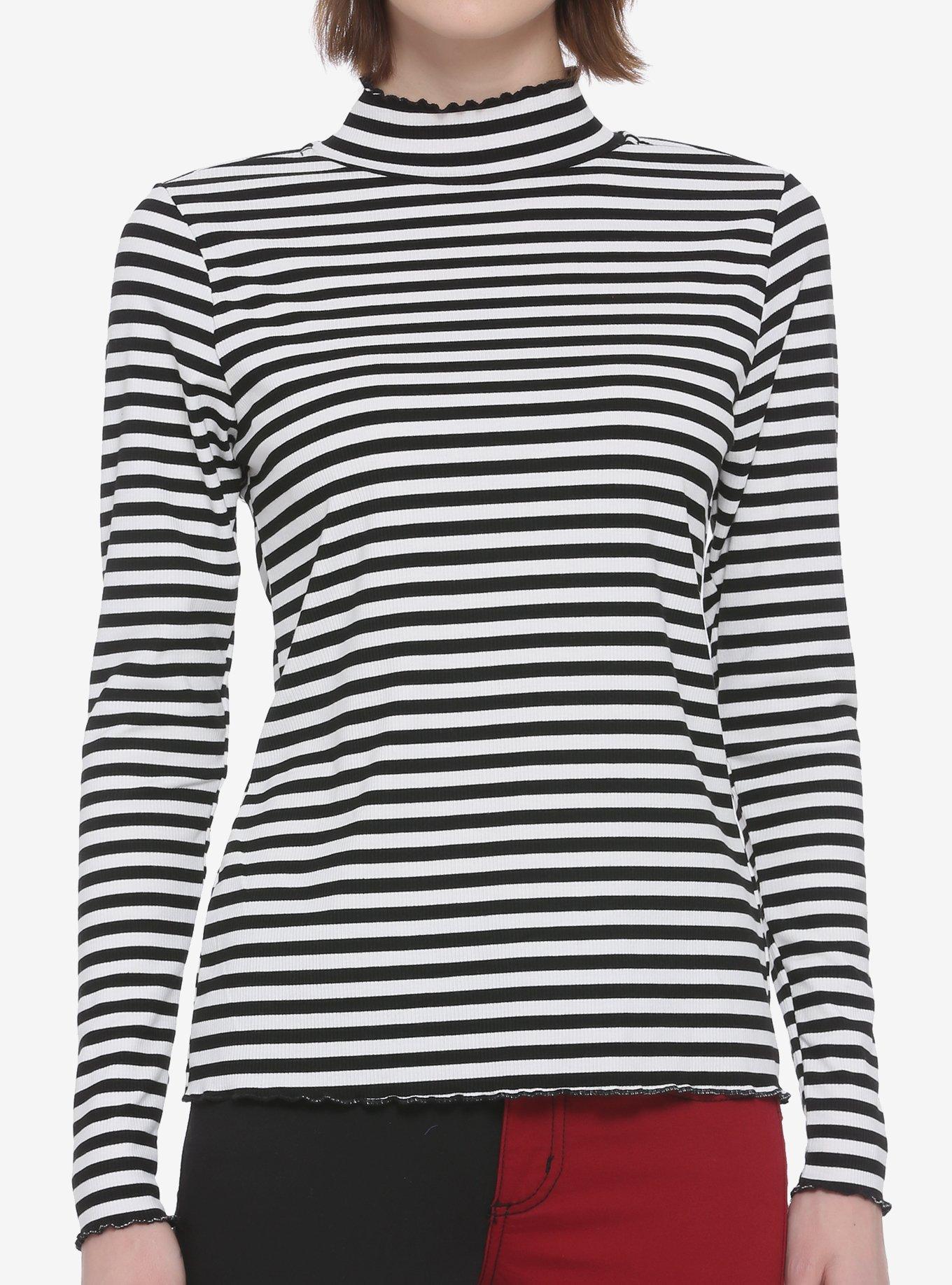 Black & White Stripe Mock Neck Girls Long-Sleeve Top, BLACK  WHITE, hi-res