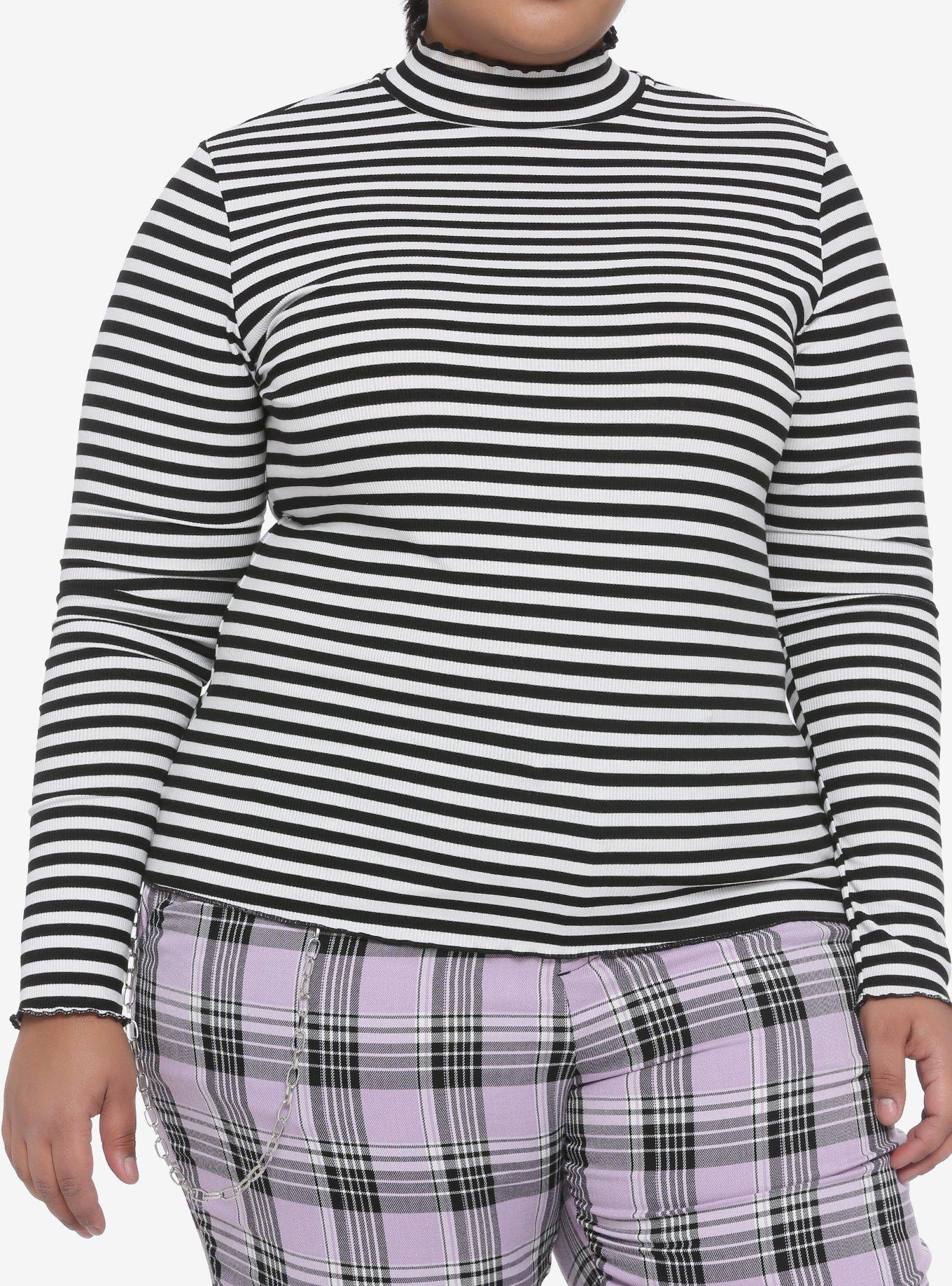 Black & White Stripe Mock Neck Girls Long-Sleeve Top Plus Size, BLACK  WHITE, hi-res