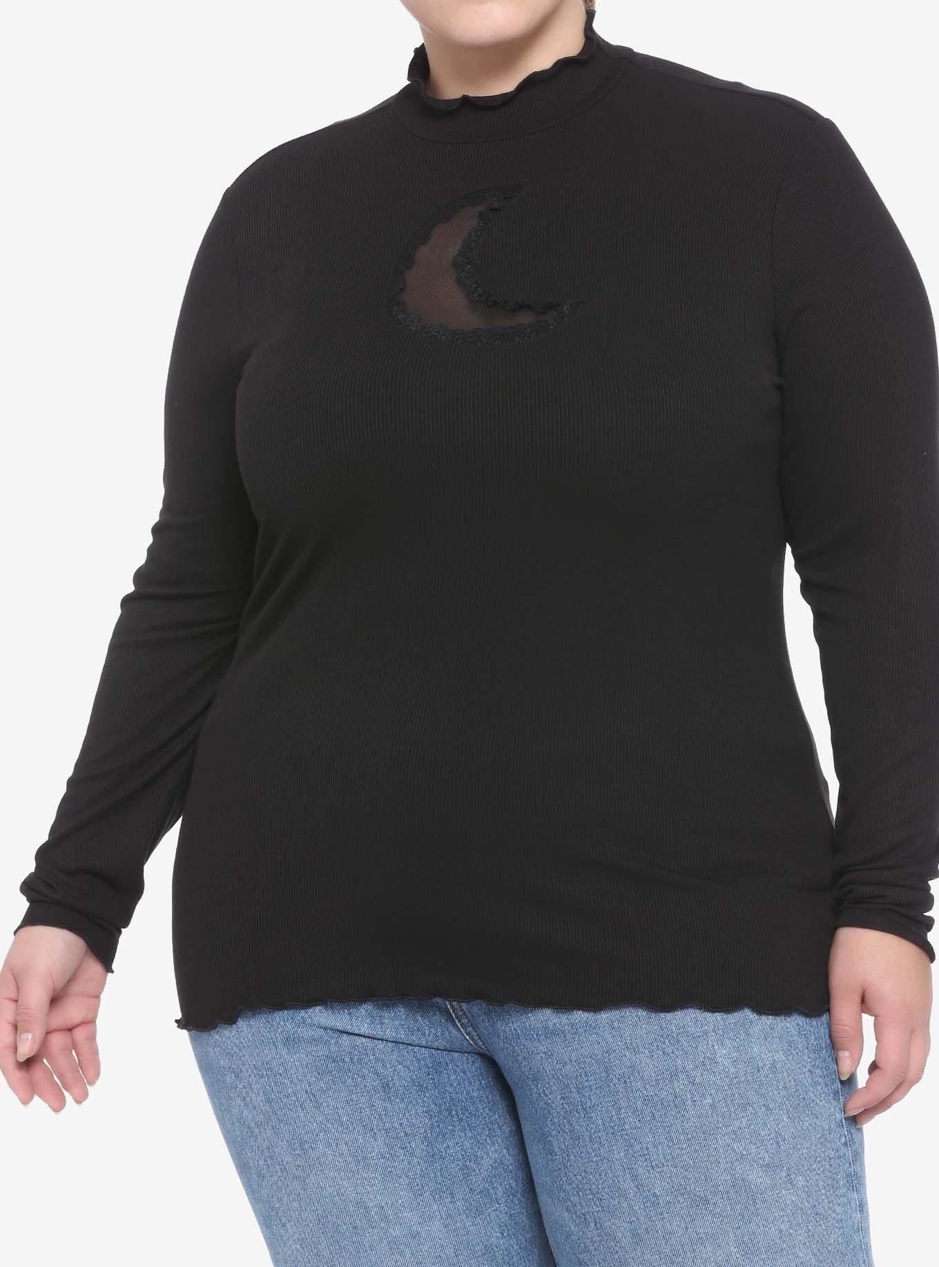 Moon Cutout Mock Neck Long-Sleeve Top Plus Size, BLACK, hi-res