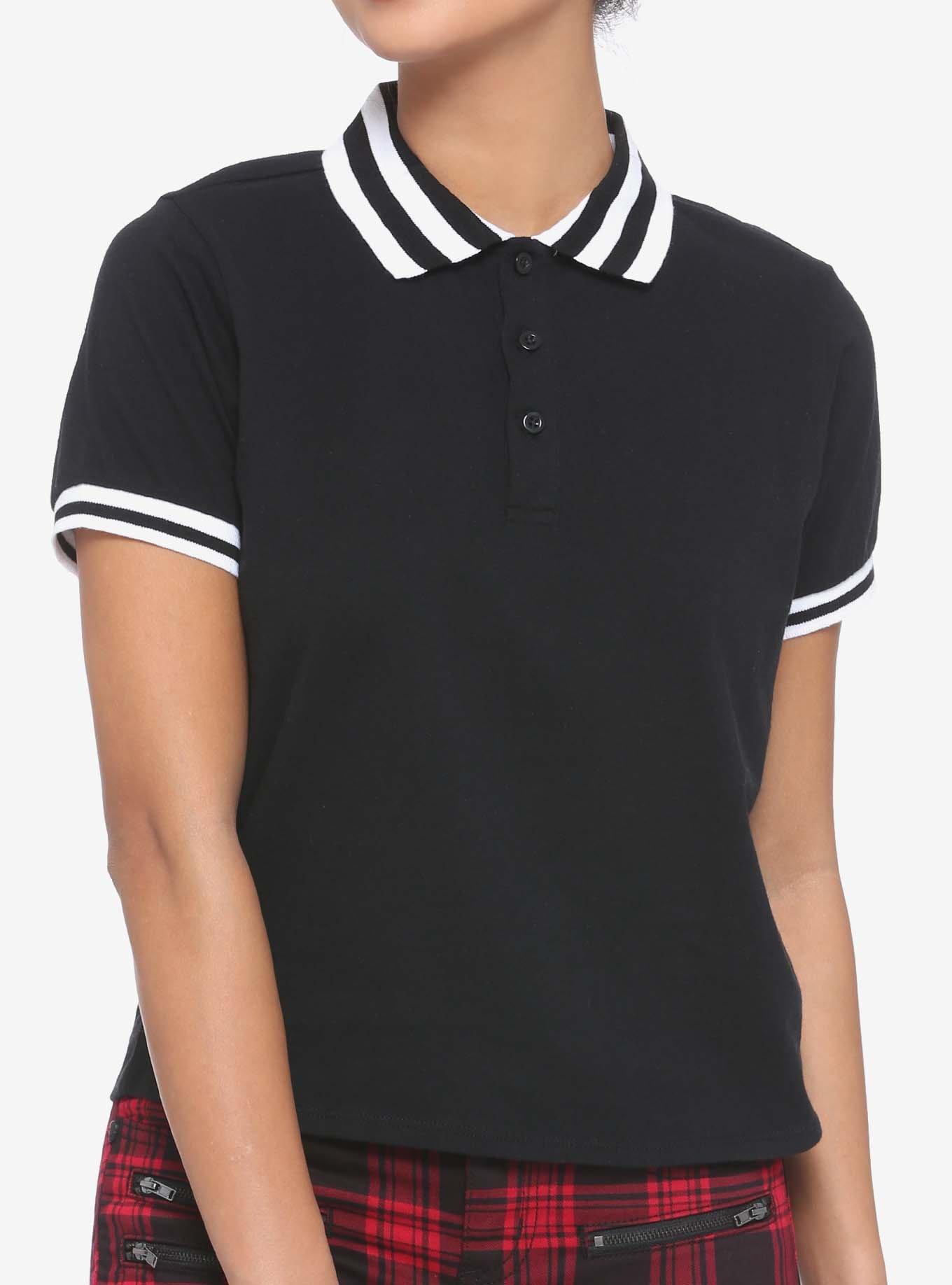 Black & White Collar Girls Polo Shirt, BLACK, hi-res