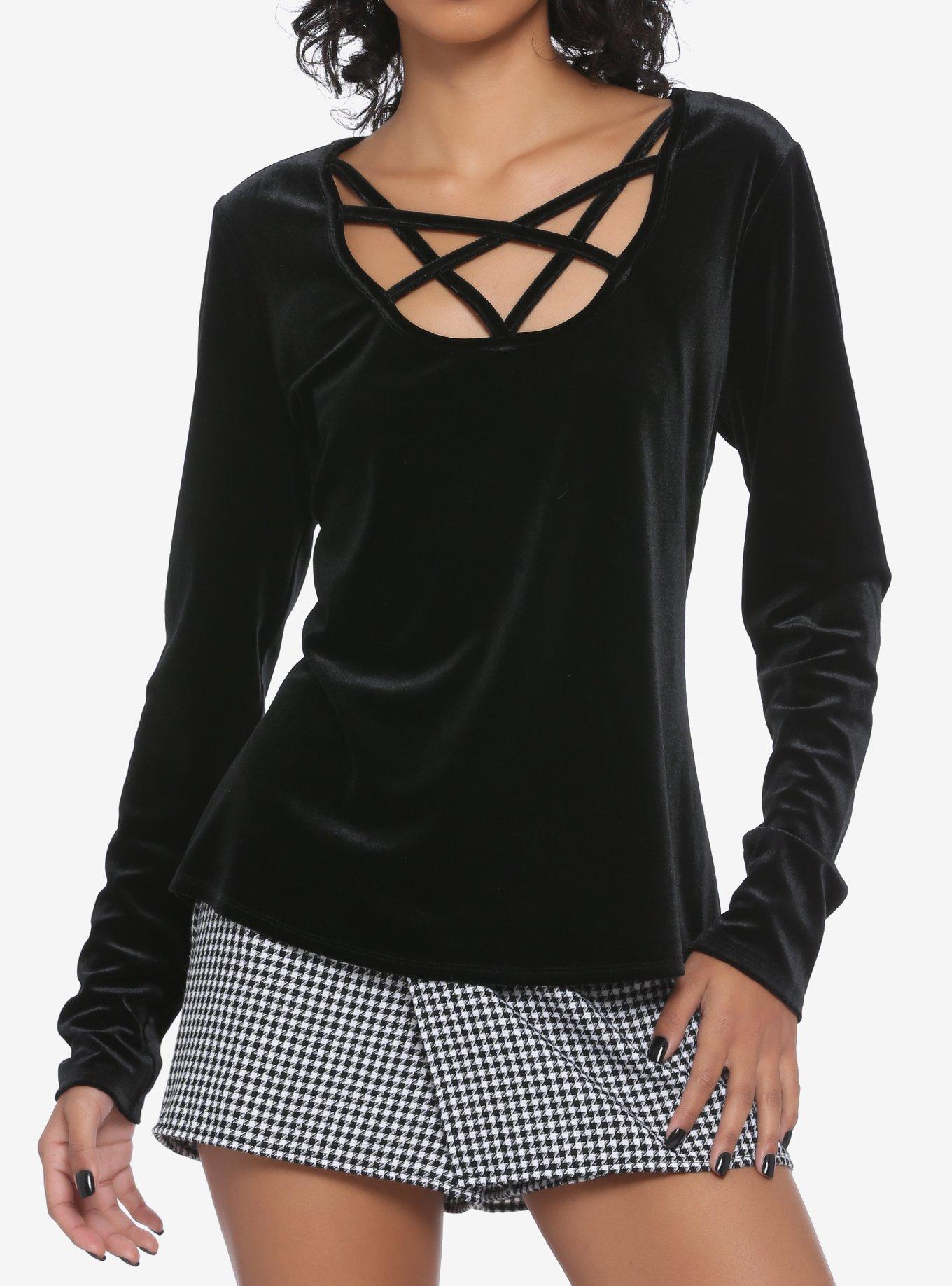 Black Velvet Strappy Girls Long-Sleeve T-Shirt, BLACK, hi-res