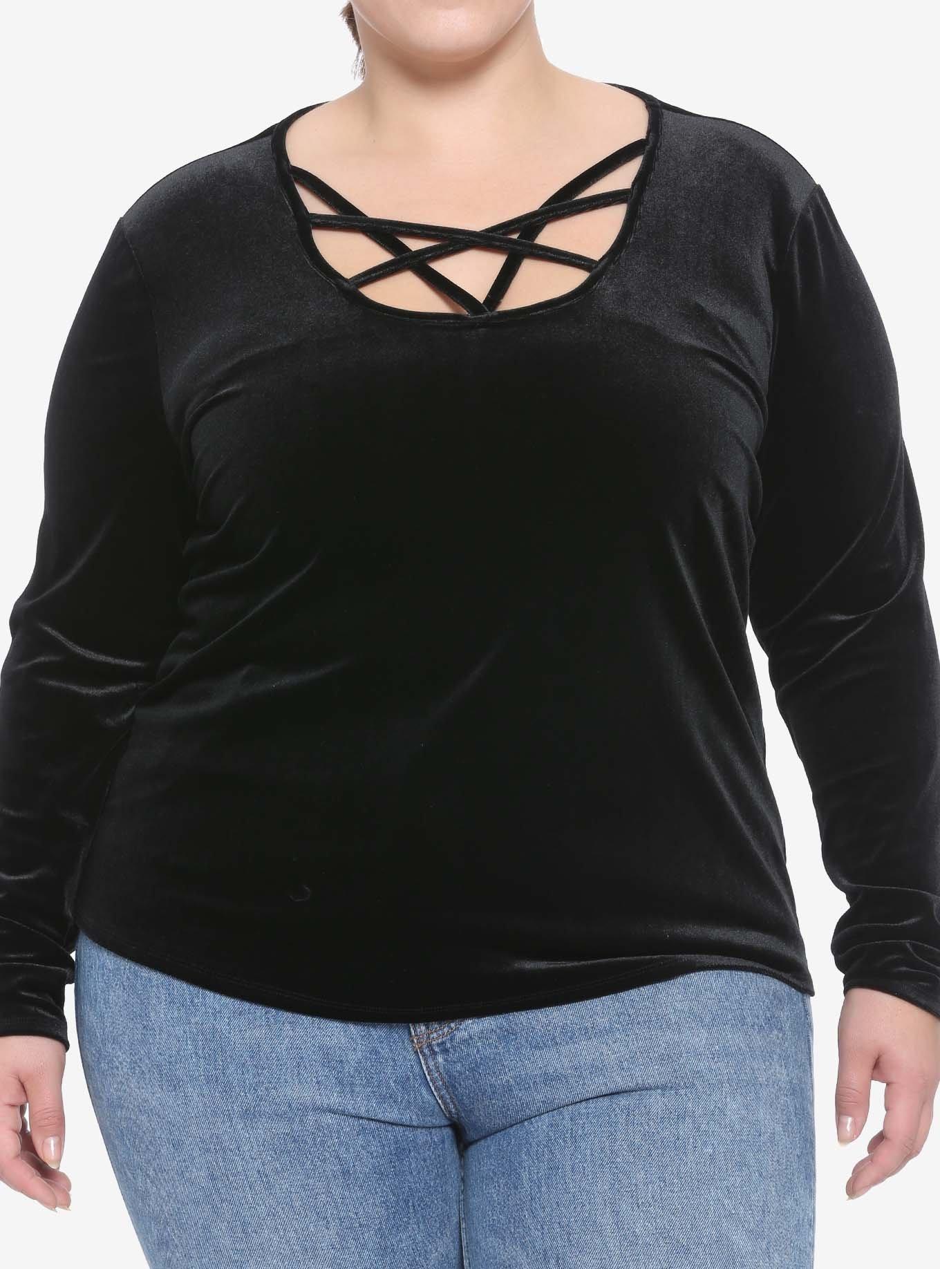 Black Velvet Strappy Girls Long-Sleeve T-Shirt Plus Size, BLACK, hi-res
