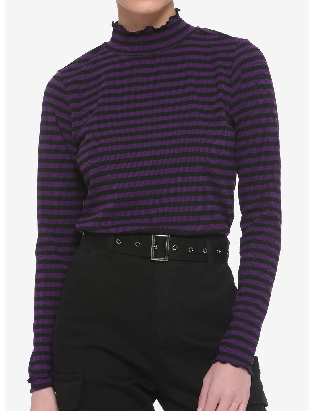 Black & Purple Stripe Mock Neck Girls Long-Sleeve Top, STRIPE - PURPLE, hi-res