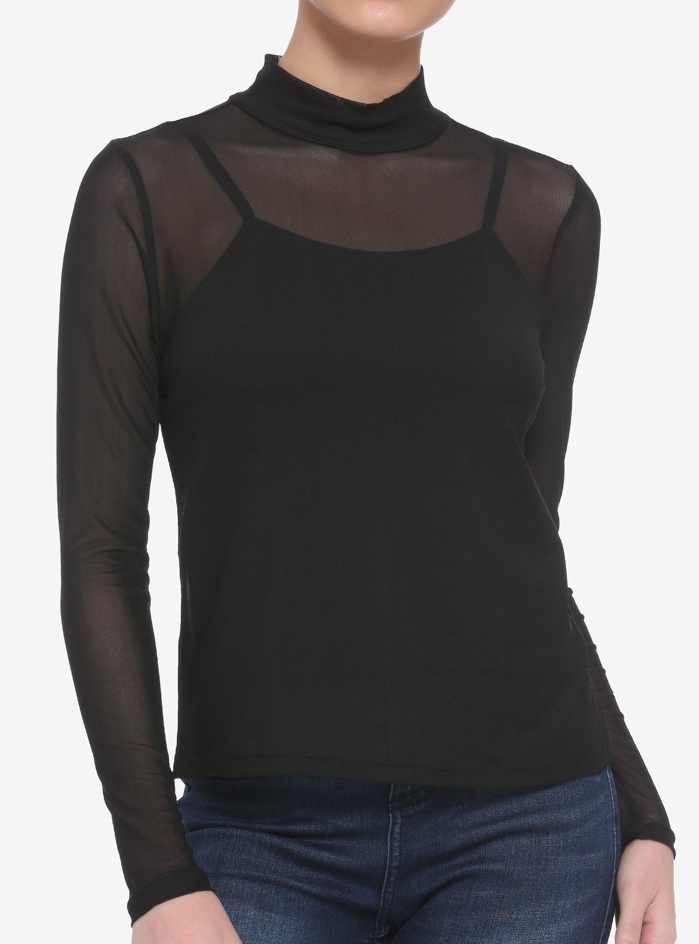 Mock Neck Mesh Girls Long-Sleeve Top, BLACK, hi-res