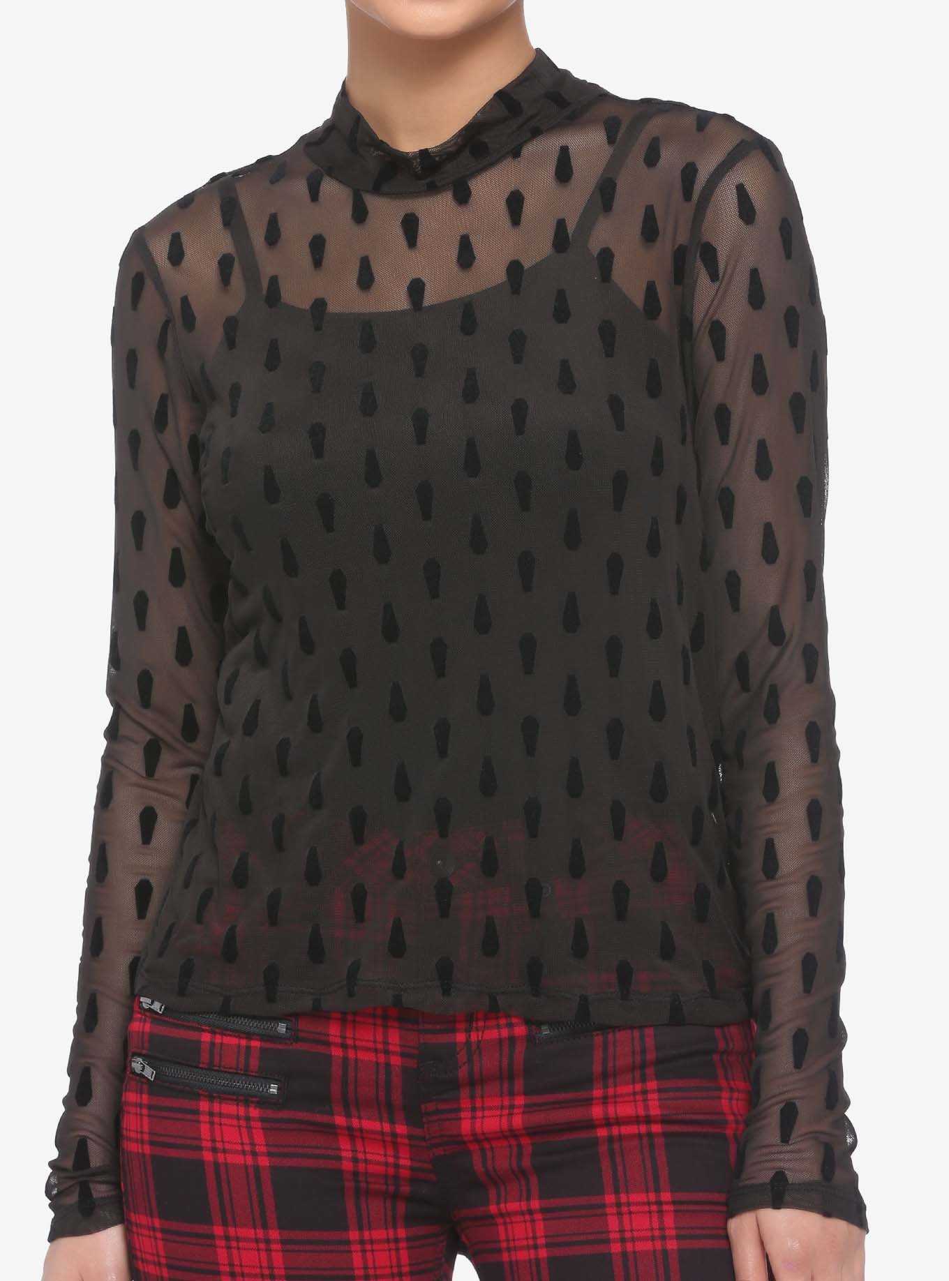 Black Flocked Coffin Sheer Layered Girls Long-Sleeve Top, , hi-res