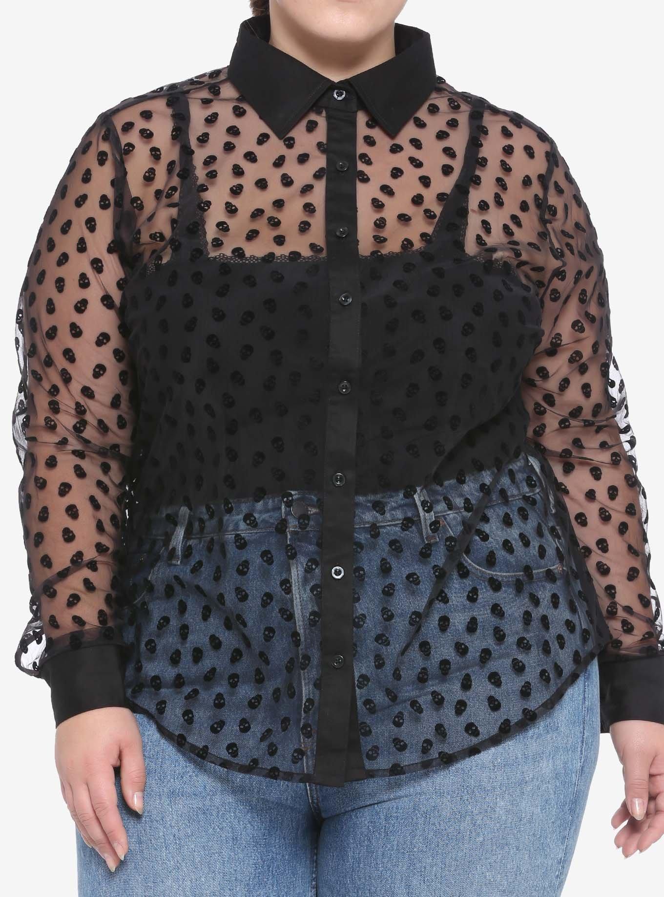 Black Flocked Skull Sheer Girls Long-Sleeve Button-Up Plus Size, BLACK, hi-res