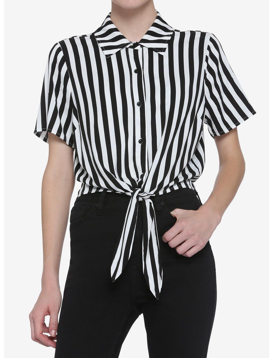 Black & White Stripe Tie-Front Girls Woven Button-Up, STRIPE-BLACK WHITE, hi-res