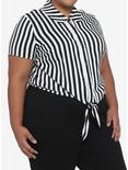 Black & White Stripe Tie-Front Girls Woven Button-Up Plus Size, STRIPE-BLACK WHITE, hi-res