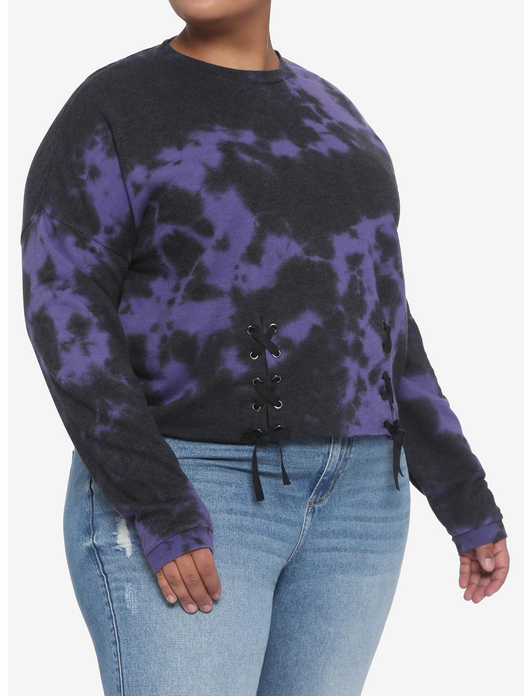 Purple & Black Tie-Dye Lace-Up Girls Sweatshirt Plus Size, TIE DYE, hi-res
