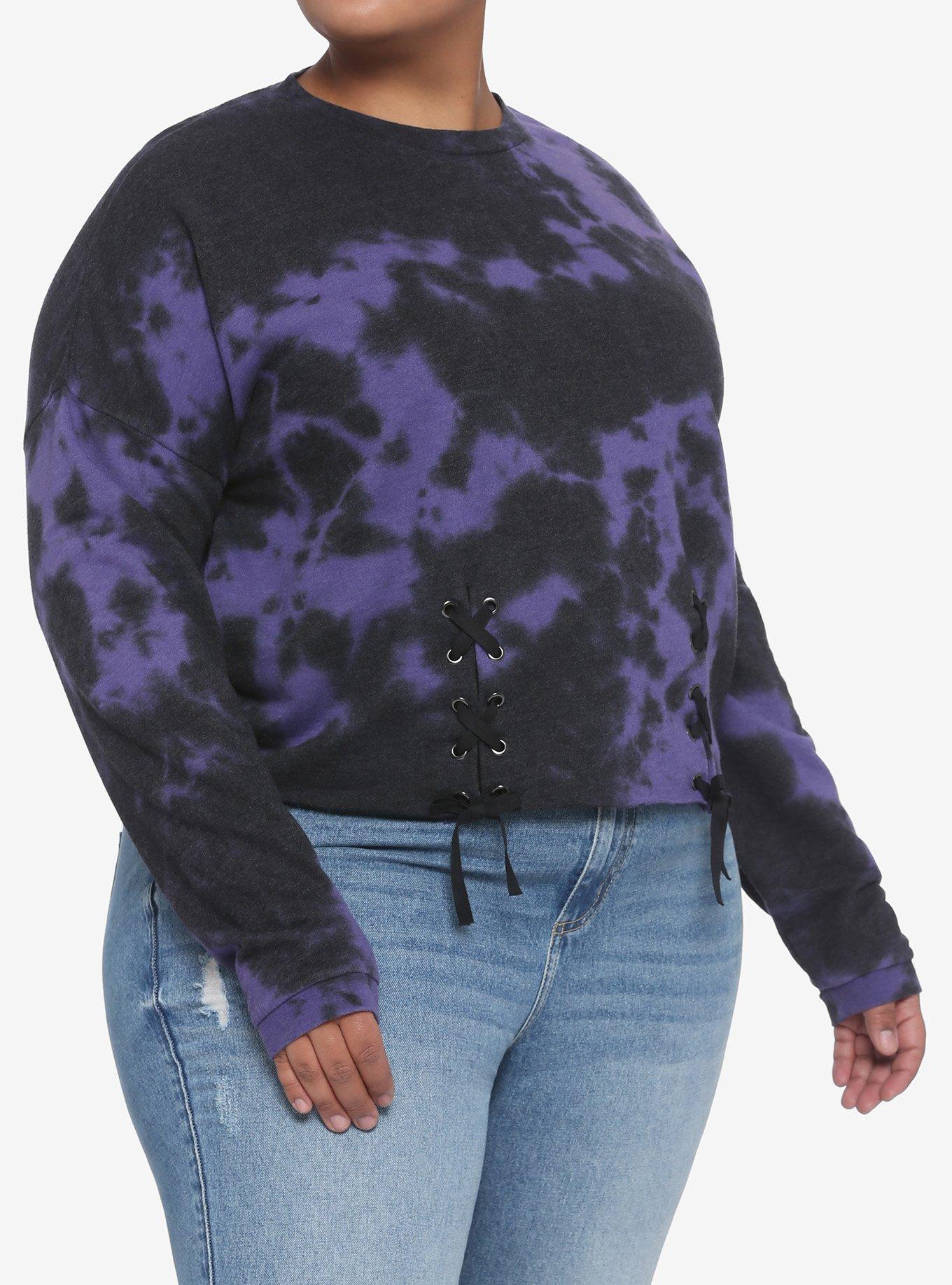 Purple & Black Tie-Dye Lace-Up Girls Sweatshirt Plus Size, TIE DYE, hi-res