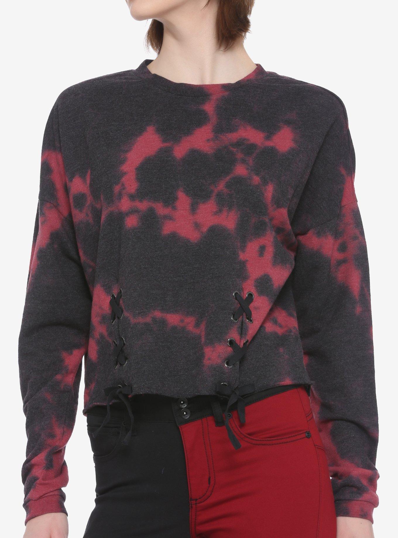 Red & Black Tie-Dye Lace-Up Girls Sweatshirt, TIE DYE, hi-res