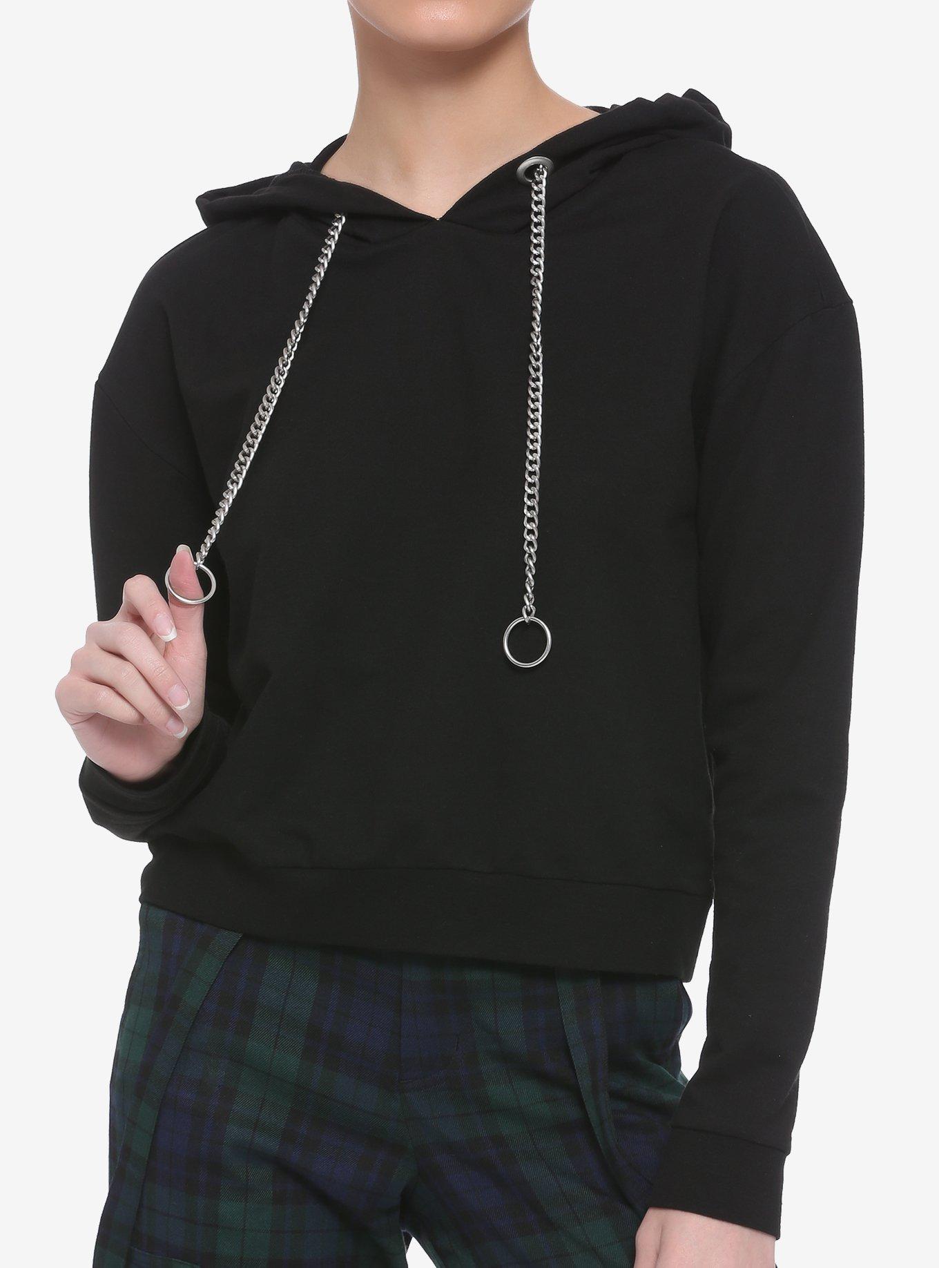 Chain Draw Cord Girls Crop Hoodie, BLACK, hi-res