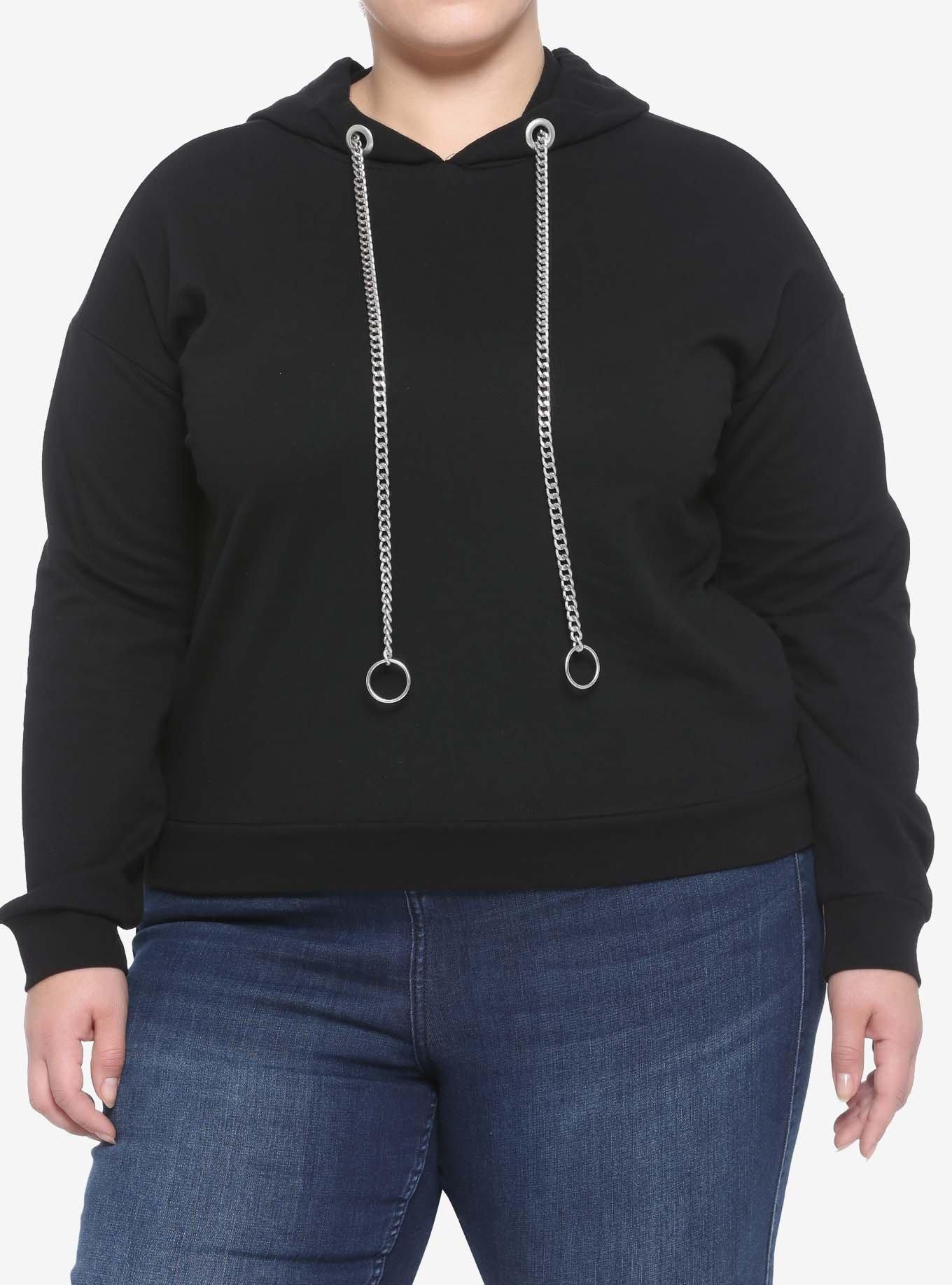 Chain Draw Cord Girls Crop Hoodie Plus Size, BLACK, hi-res