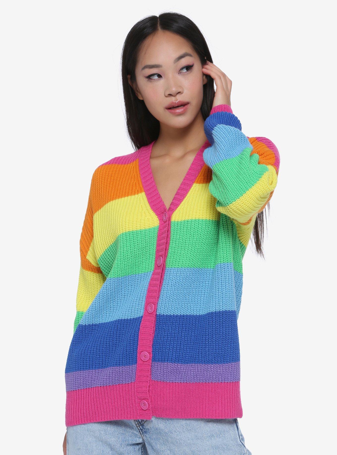 Rainbow Stripe Chunky Knit Girls Cardigan, RAINBOW, hi-res