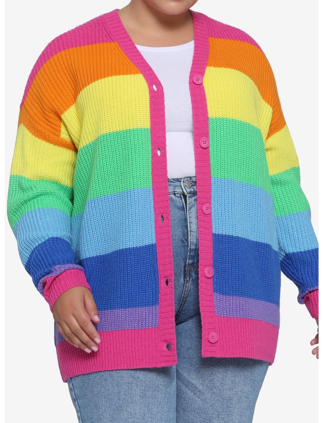 Rainbow Stripe Chunky Knit Girls Cardigan Plus Size, RAINBOW, hi-res