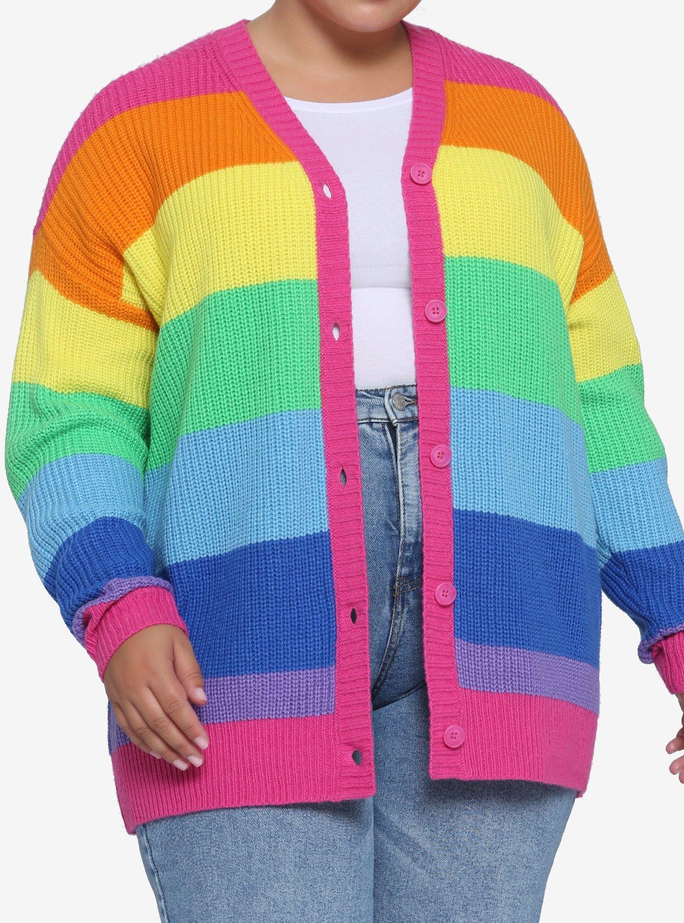 Rainbow Stripe Chunky Knit Girls Cardigan Plus Size