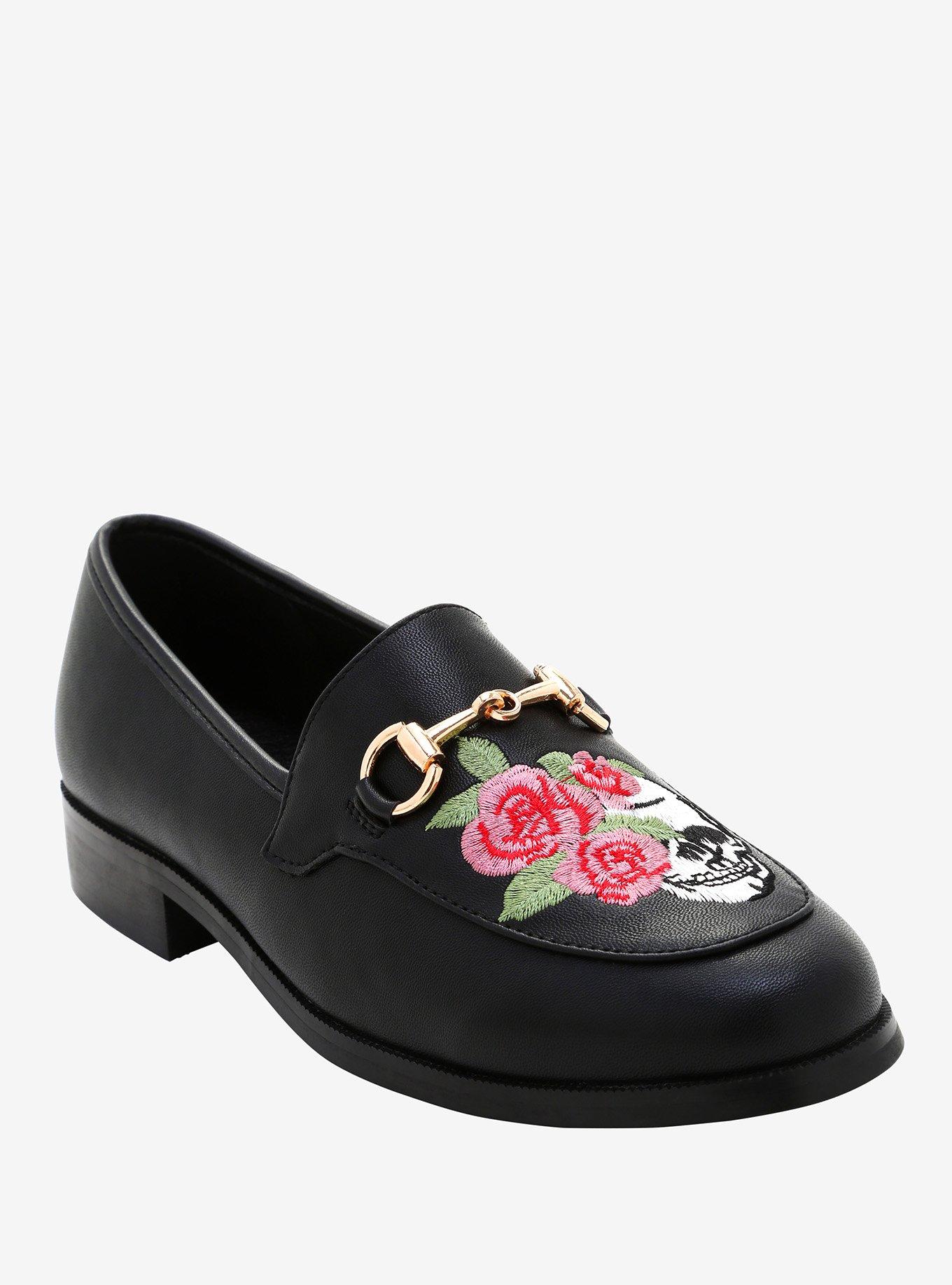 Roses & Skull Embroidered Loafer, BLACK, hi-res