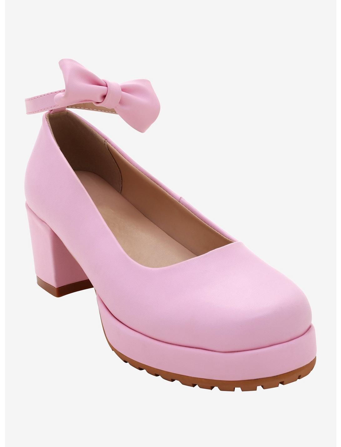 Pink Ankle Strap & Bow Heeled Mary Janes, PINK, hi-res