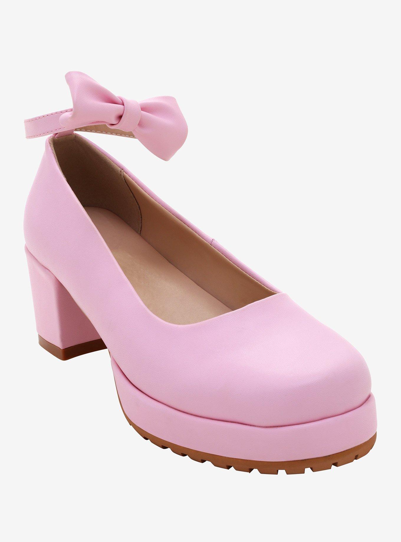 Pink Ankle Strap & Bow Heeled Mary Janes, PINK, hi-res
