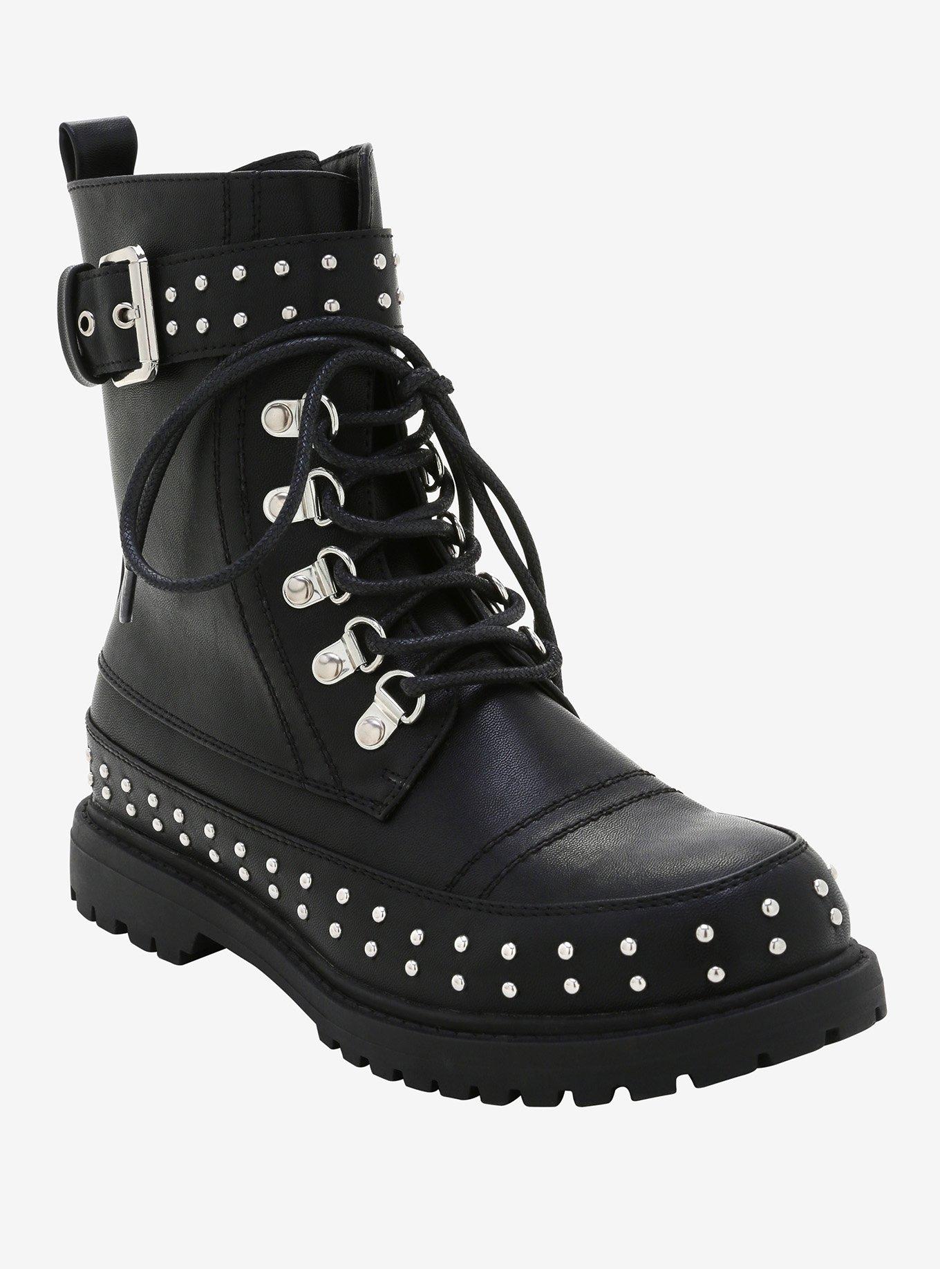 Stud & Buckle Combat Boots, BLACK, hi-res