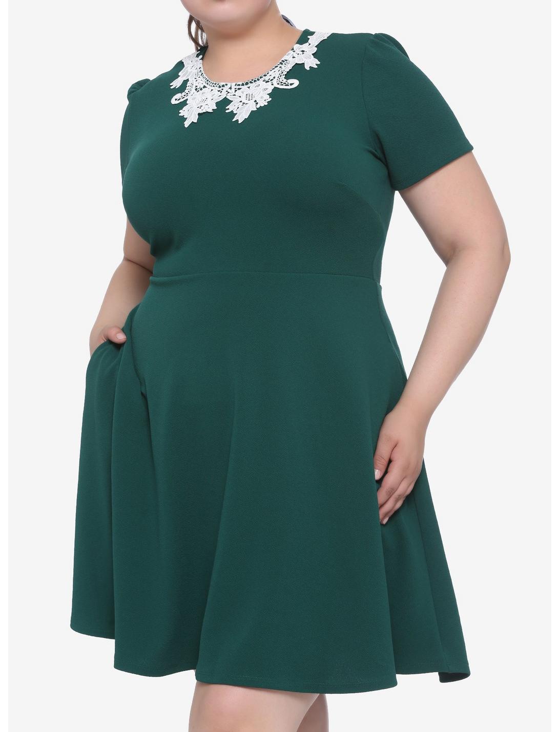 Green Lace Collar Dress Plus Size, GREEN, hi-res