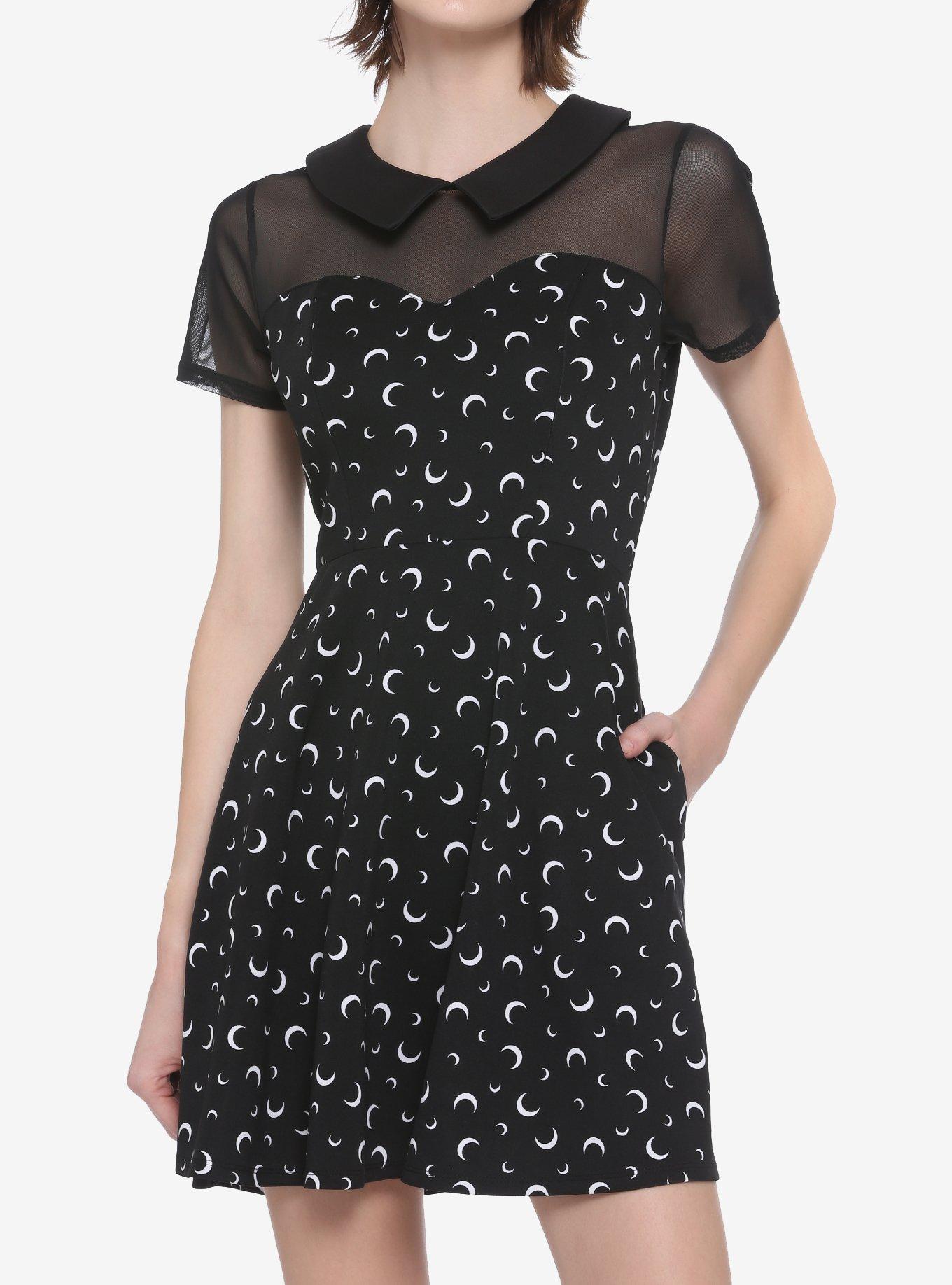 black mesh panel skater dress Crescent Moon Collared Mesh Panel Skater Dress