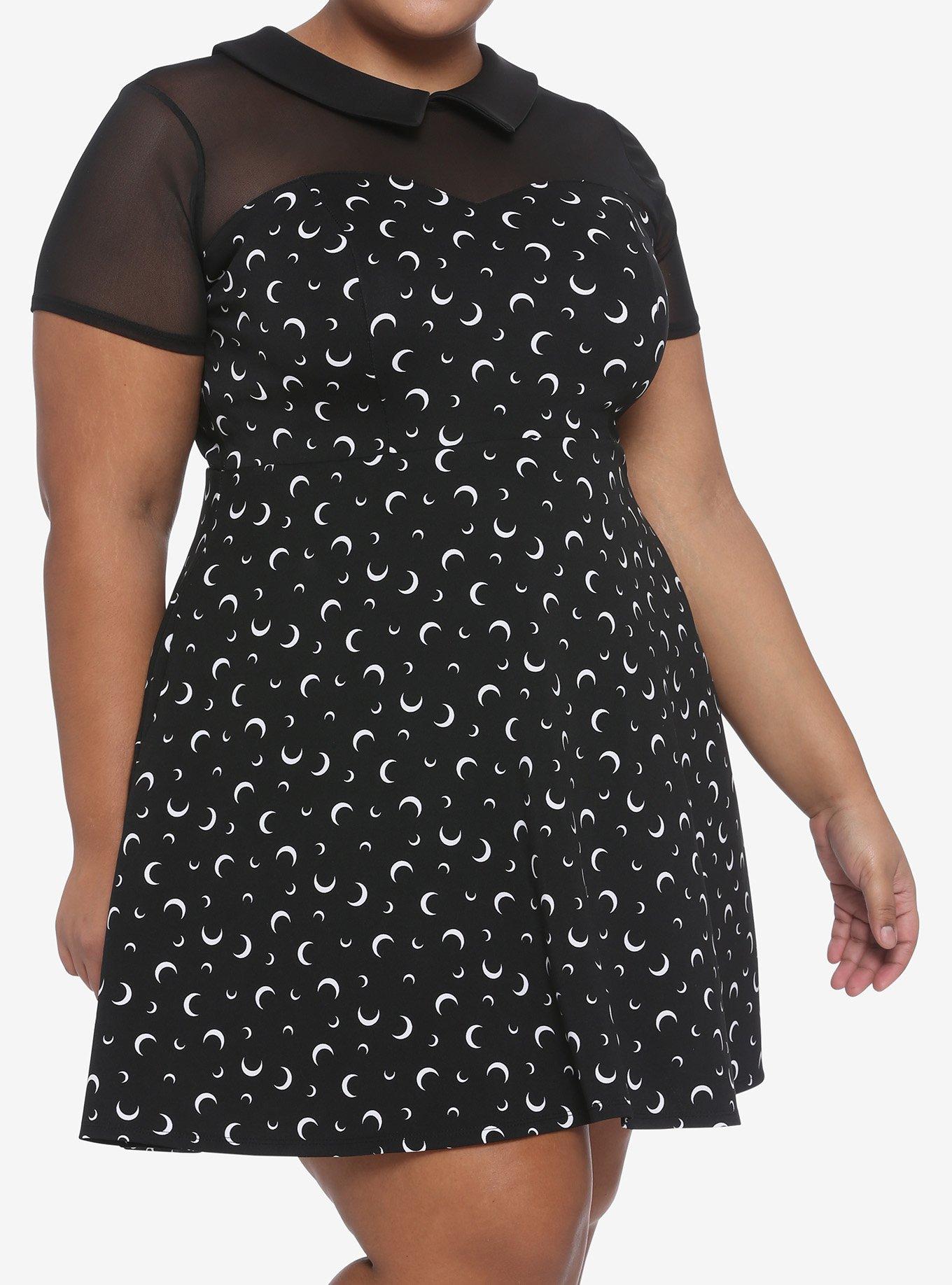 Crescent Moon Collared Mesh Panel Skater Dress Plus Size, MULTI, hi-res