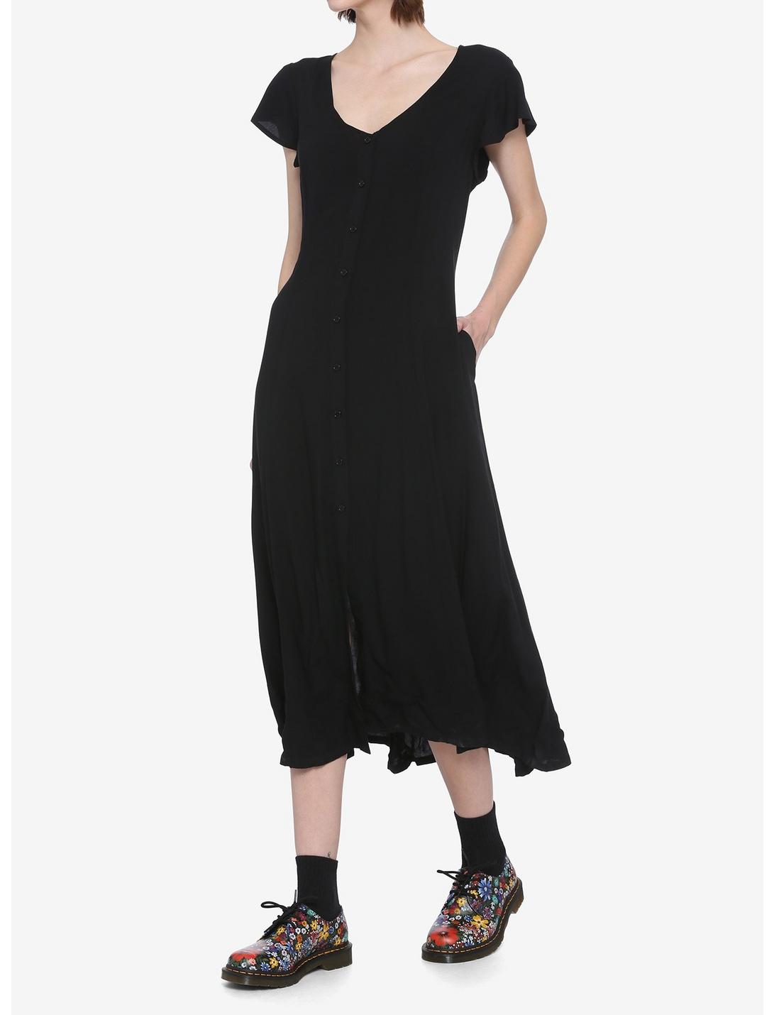 Black Flutter Sleeves Midi Dress, BLACK, hi-res