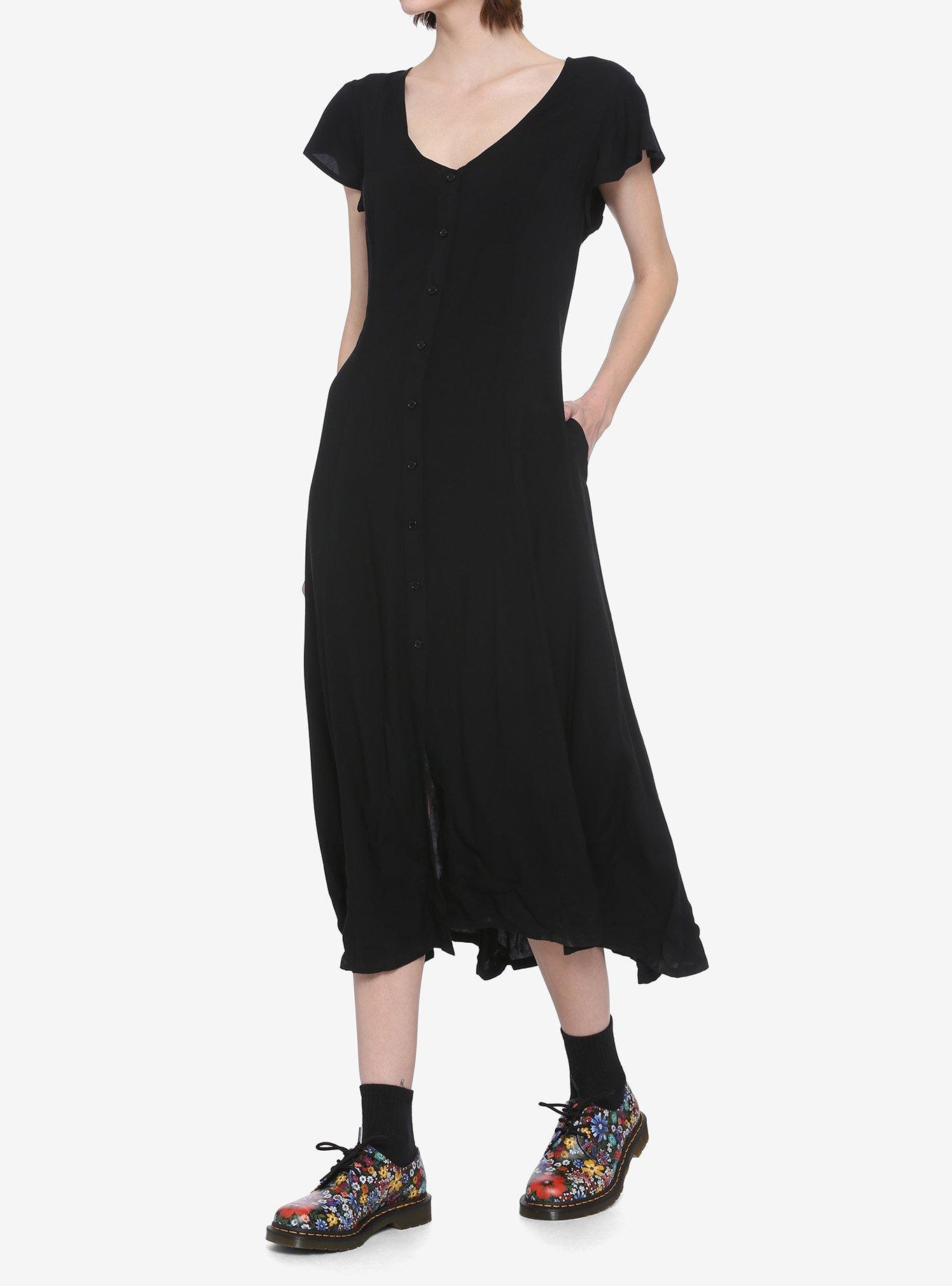 Black Flutter Sleeves Midi Dress, BLACK, hi-res