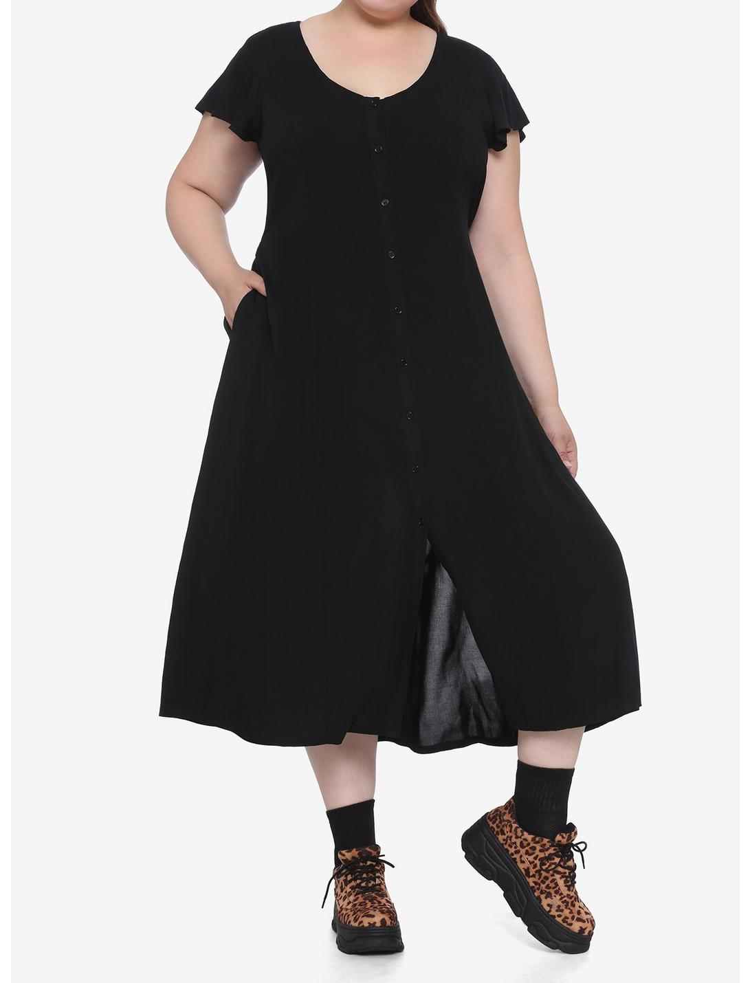 Black Flutter Sleeves Midi Dress Plus Size, BLACK, hi-res
