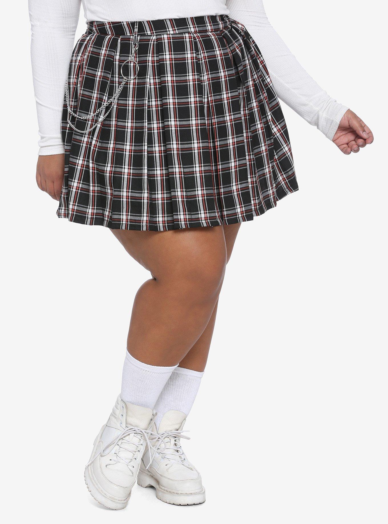 O-Ring Chain Plaid Pleated Skirt Plus Size, PLAID - GREY, hi-res