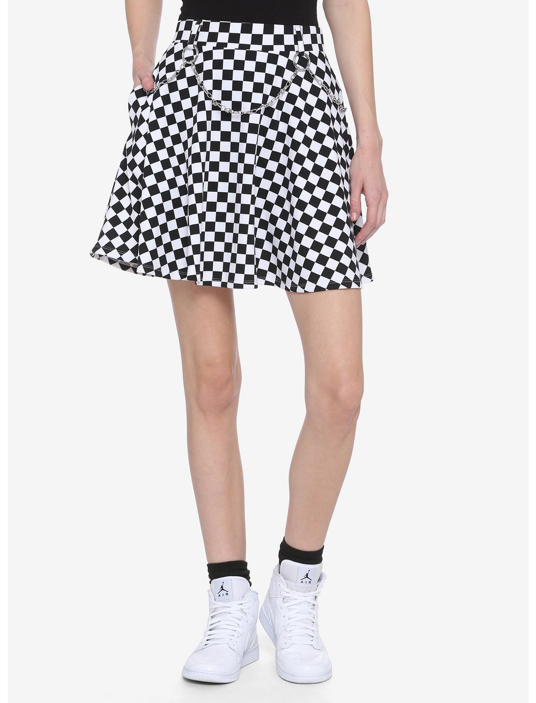 Black & White Checkered Chains & Clips Skater Skirt, MULTI, hi-res