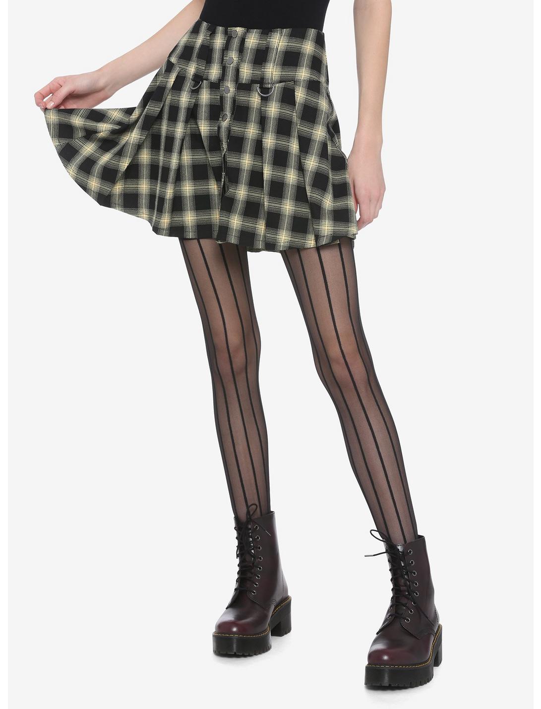 Black & Yellow Plaid Pleated Skirt, PLAID - YELLOW, hi-res