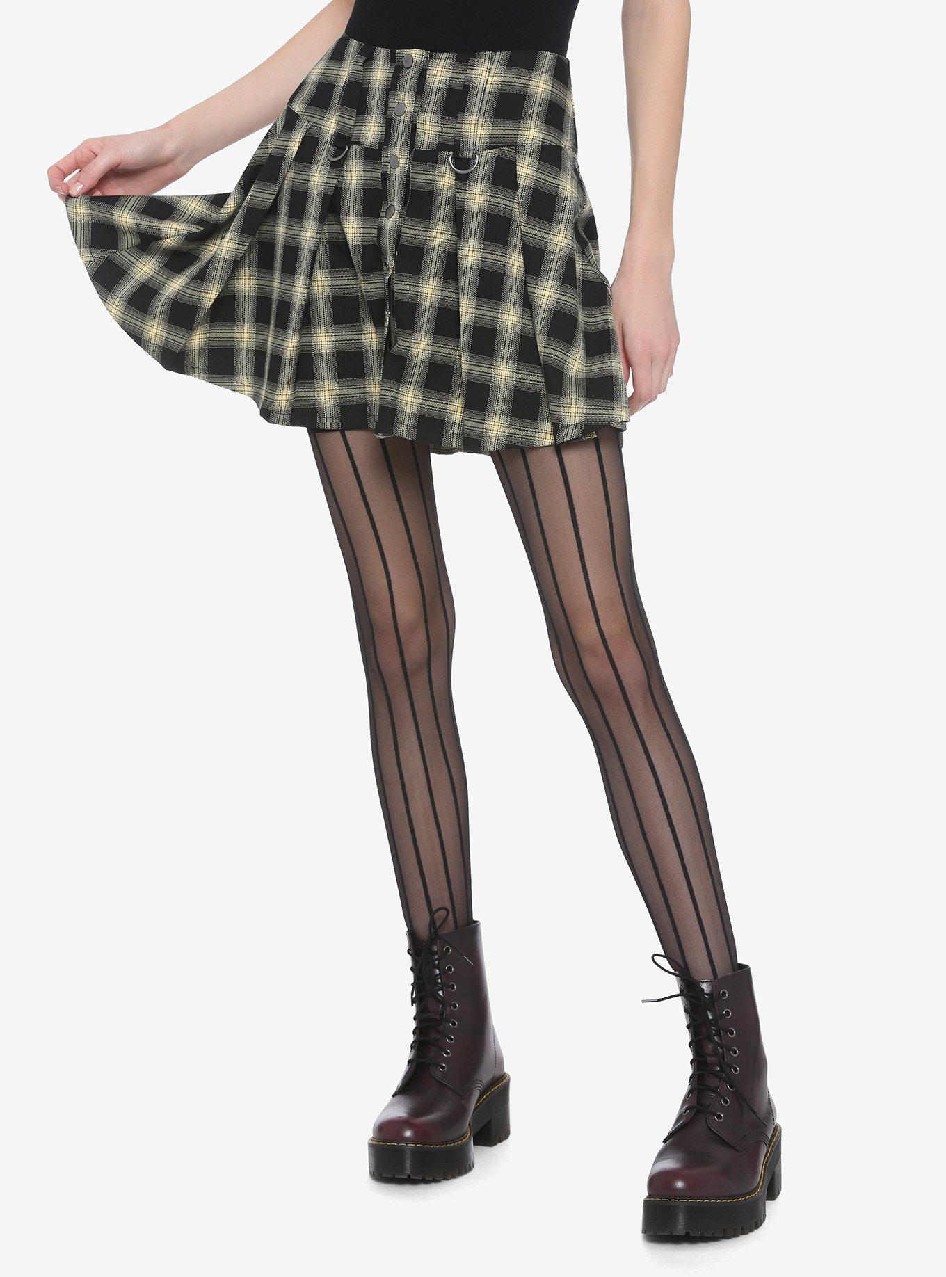 Black & Yellow Plaid Pleated Skirt, PLAID - YELLOW, hi-res