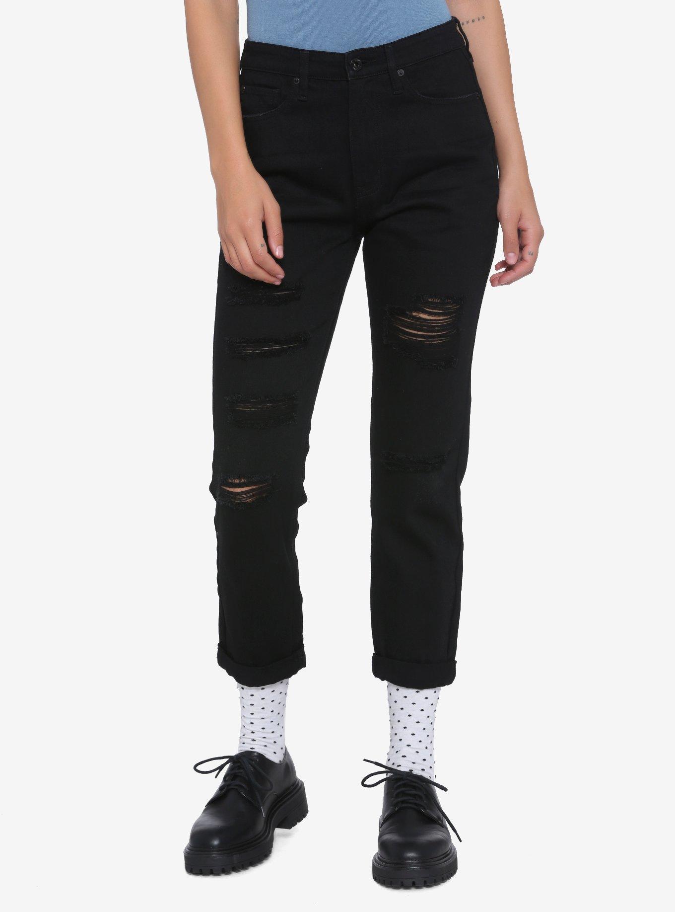 HT Denim Destructed Black The Pistol Hi-Rise Mom Jeans, BLACK, hi-res