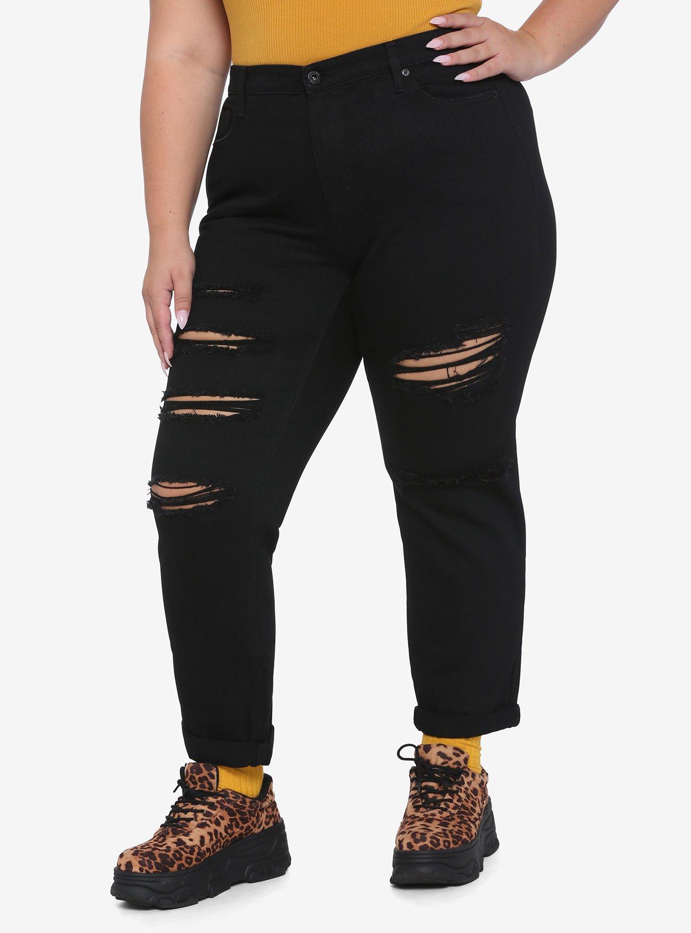 HT Denim Destructed Black The Pistol Hi-Rise Mom Jeans Plus Size, BLACK, hi-res