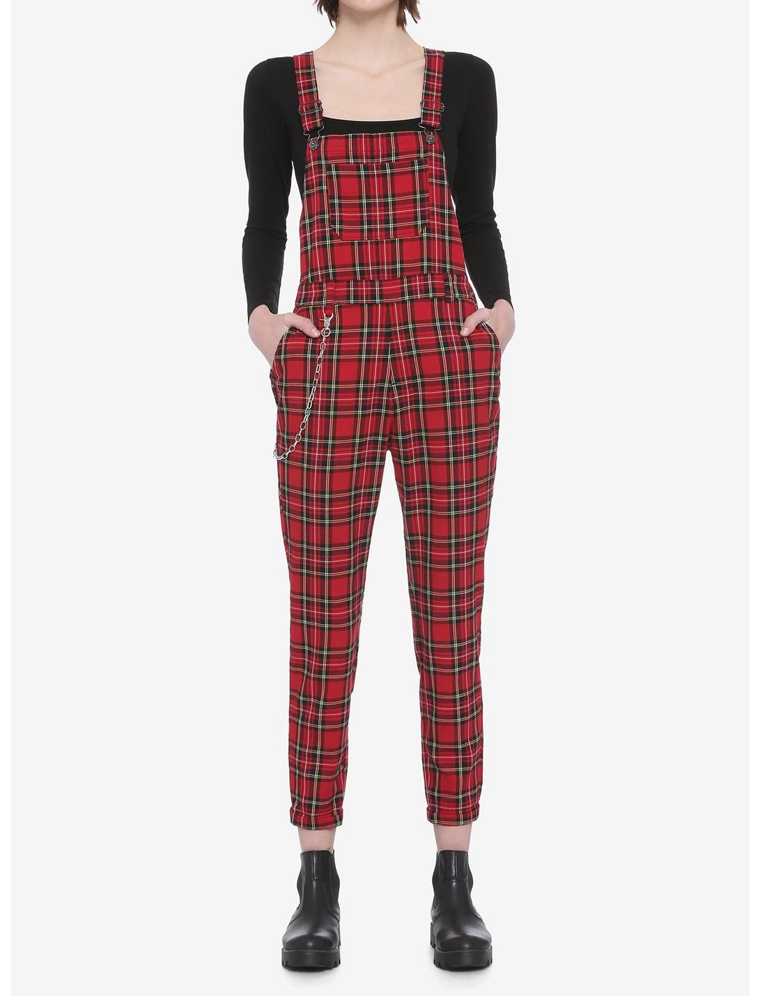 Red Plaid Overalls With Chain, PLAID - RED, hi-res