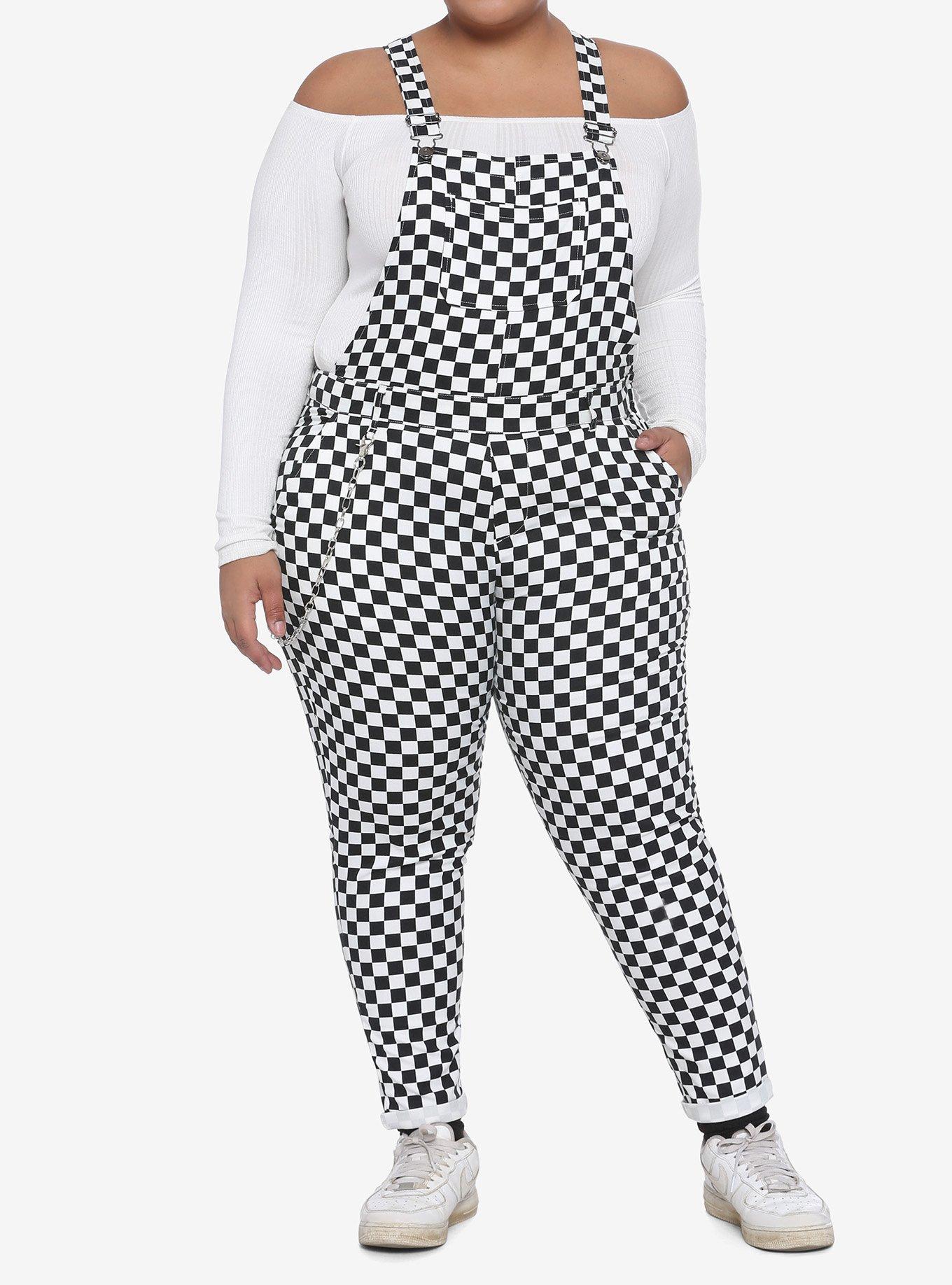 Black & White Checkered Overalls With Chain Plus Size, MULTI, hi-res