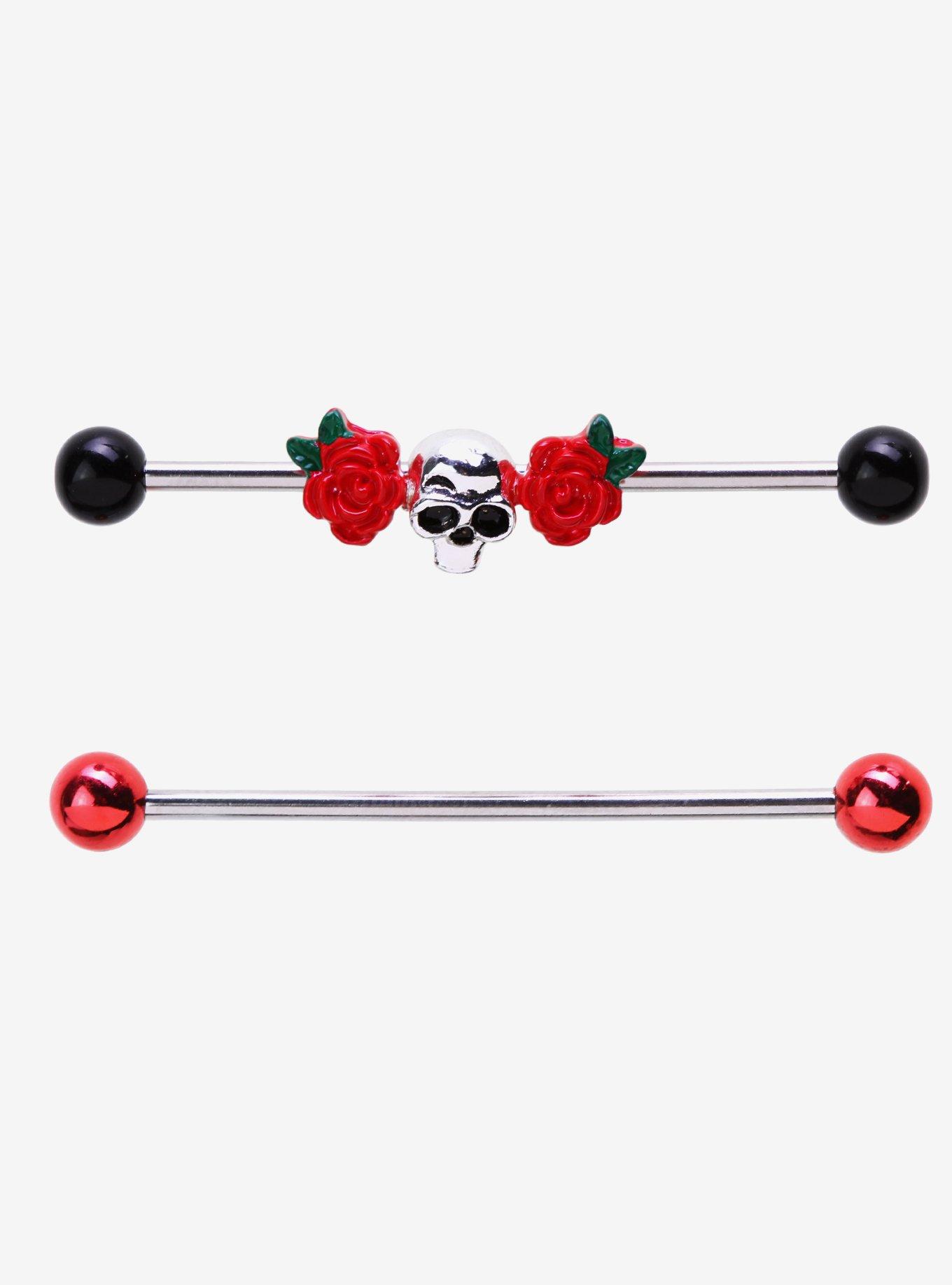 Steel Roses & Skull Industrial Barbell 2 Pack Hot Topic
