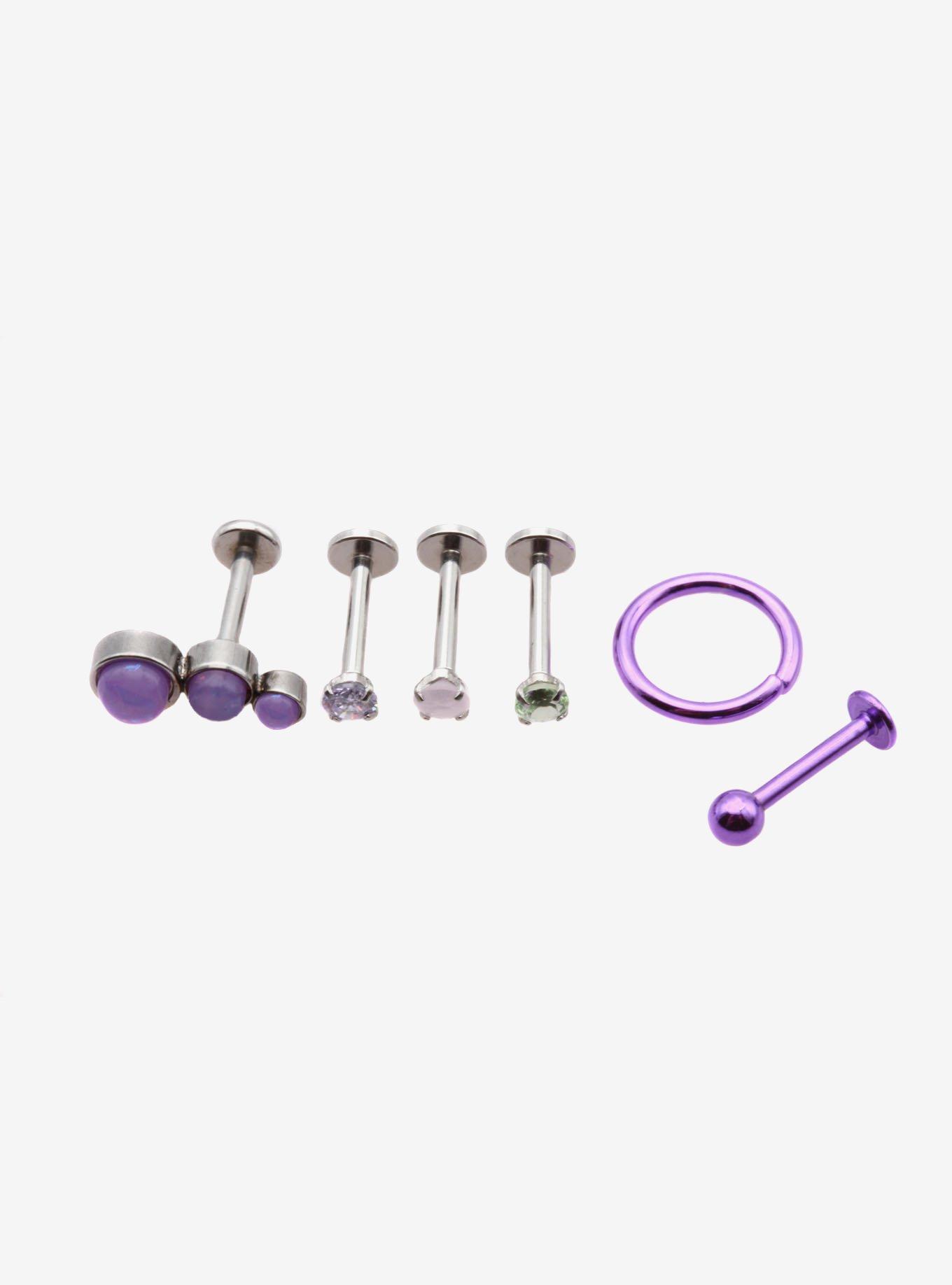Steel Purple Opal Labret Stud & Hoop 6 Pack, MULTI, hi-res