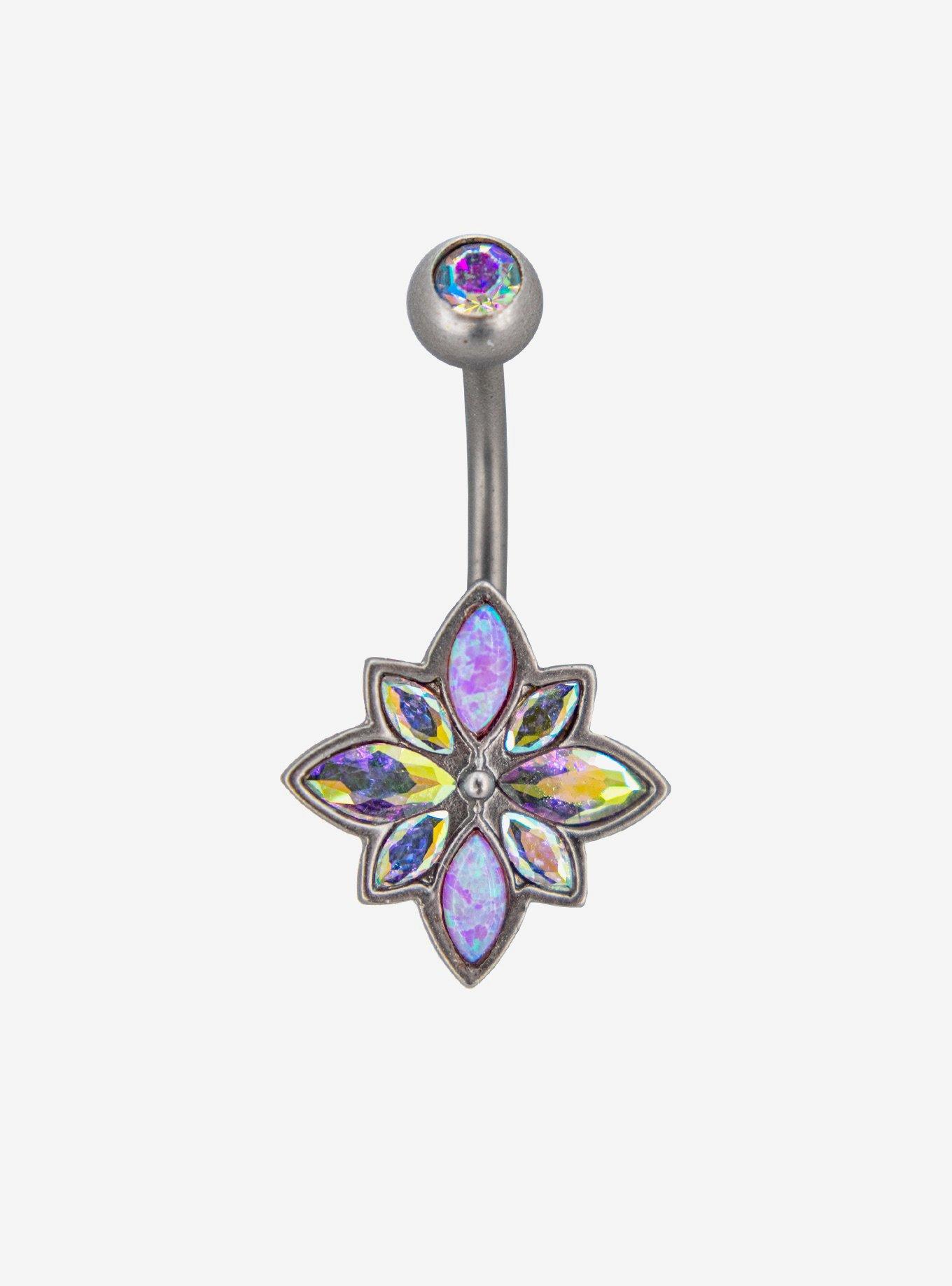 14G Steel Iridescent Flower Navel Barbell, , hi-res