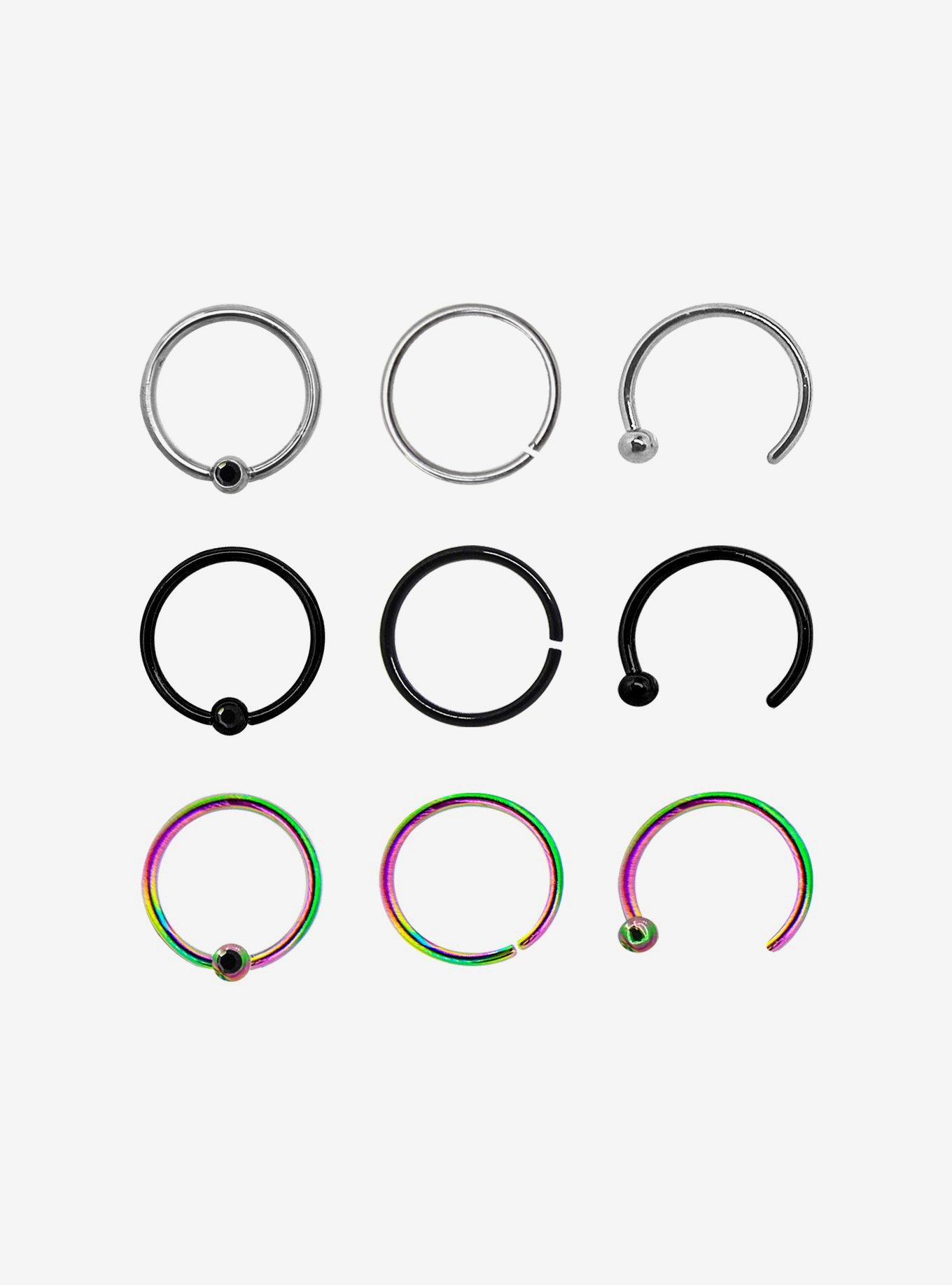 Steel Black & Iridescent Nose Hoop 9 Pack, MULTI, hi-res