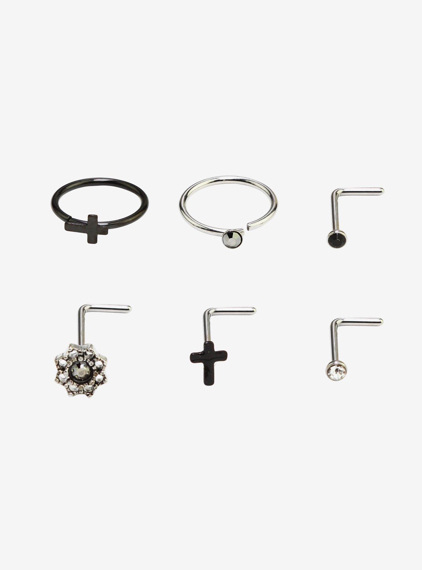 Steel Black & Silver Cross Nose Stud & Hoop 6 Pack, MULTI, hi-res