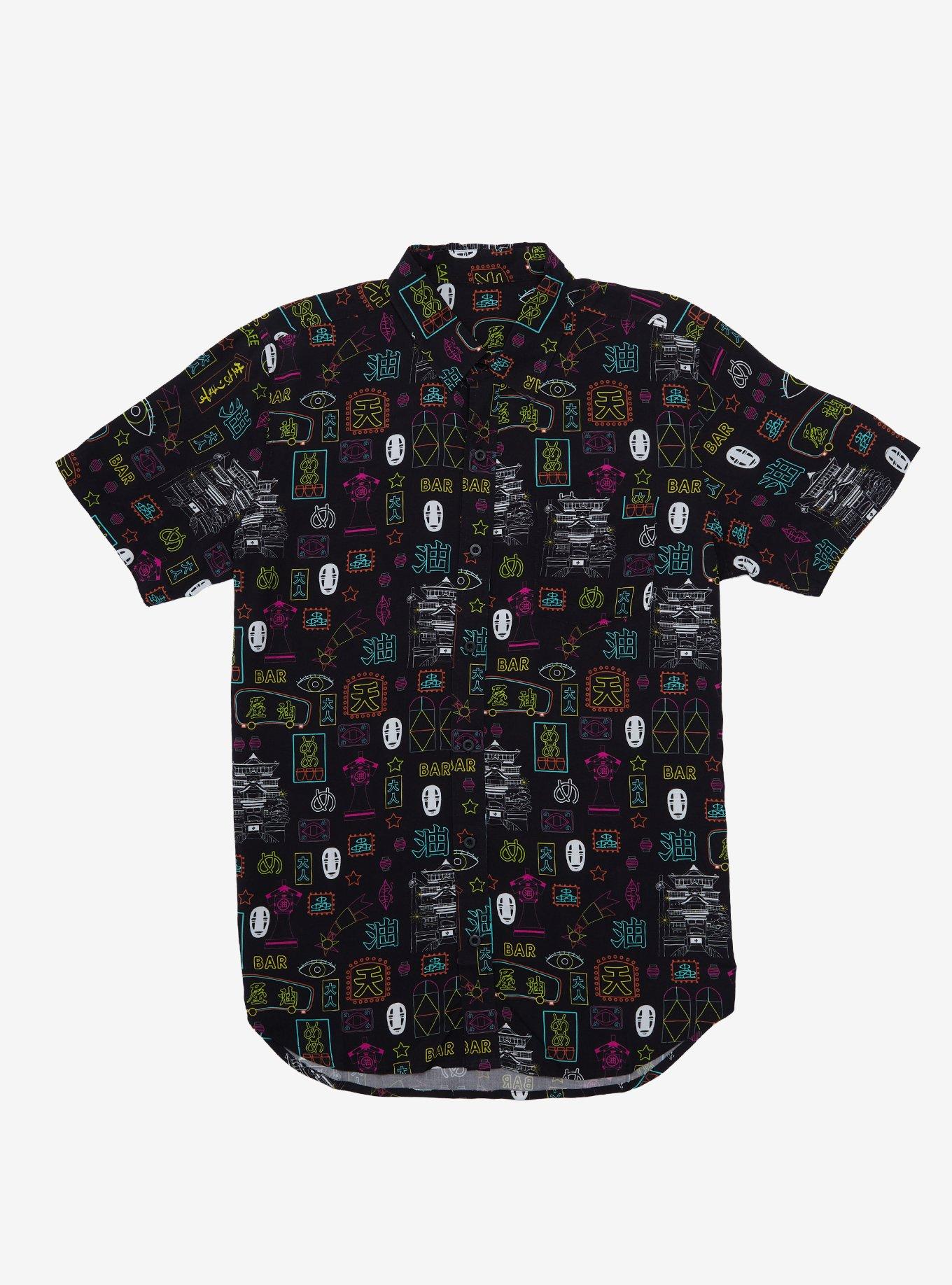 Studio Ghibli Spirited Away Neon Lights Woven Button-Up, BLACK, hi-res