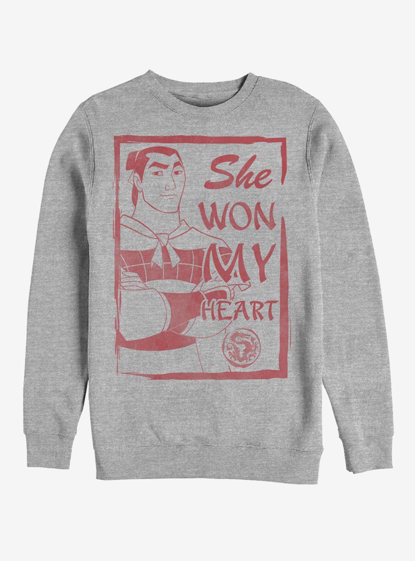 Disney Mulan Li Shang She Won My Heart Crew Sweatshirt, ATH HTR, hi-res